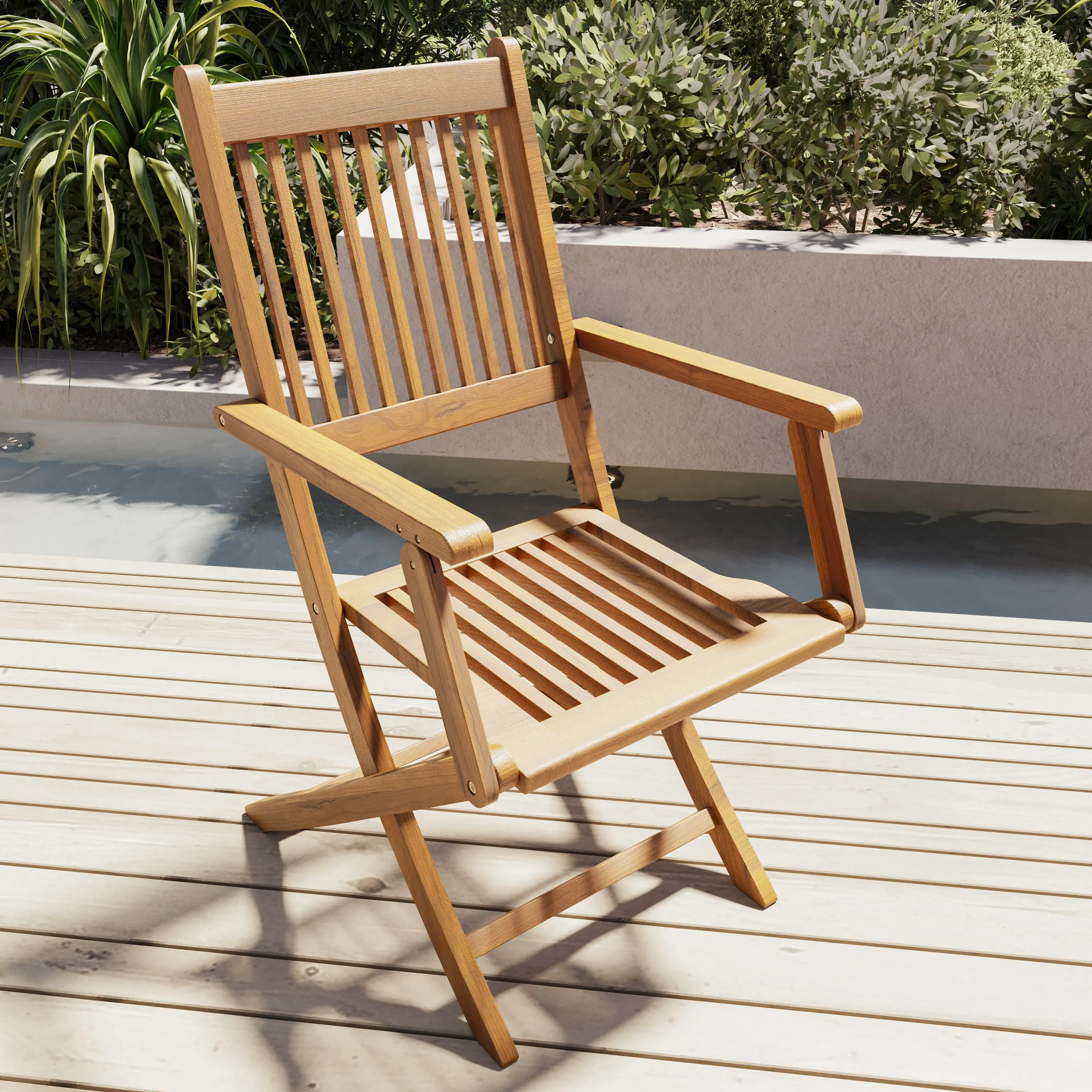 Set di 2 Sedie Da Giardino Pieghevoli In Legno Massiccio Naturale Di Acacia Con Braccioli Seduta e Schienale Alto Con Doghe Per Giardino Esterno Piscina Patio Terrazzo Balcone 91 x 58 x 52 cm