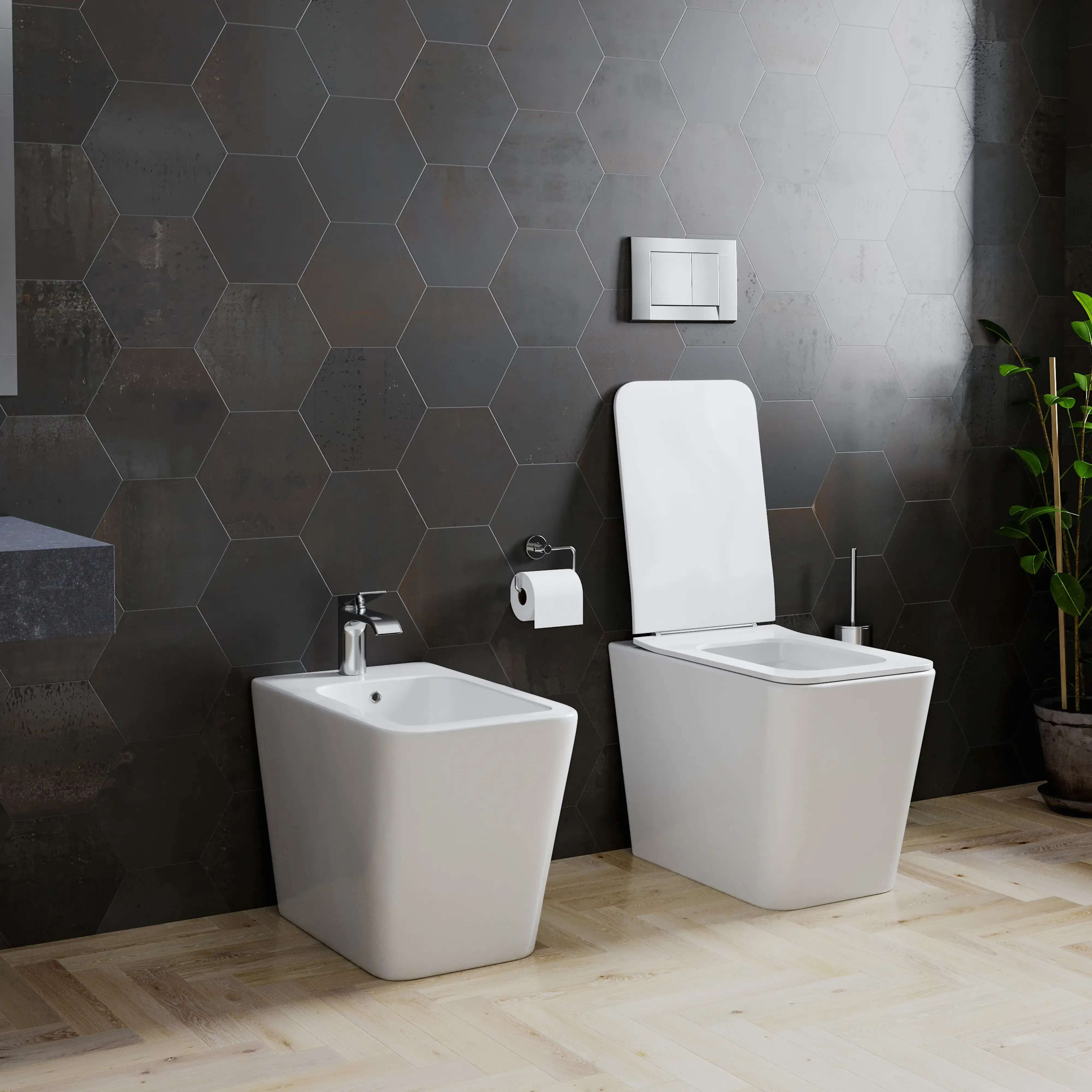 Set Di Sanitari Filomuro Coppia Vaso WC E Bidet Design Moderno Quadrato In Ceramica Con Copriwater Chiusura Soft Close Rallentata Con Sgancio Rapido Colore Bianco Lucido