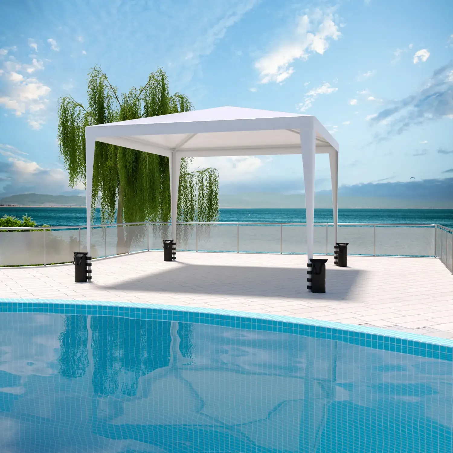 Set Gazebo Bianco Giardino 3x3 M e 4 Sacche Per Pesi, Struttura Acciaio Copertura PE 110 gr/m² Impermeabile Idrorepellente Resistente Raggi Solari UV Ombrellone Tenda Fiere Campeggio Esterno Piscina