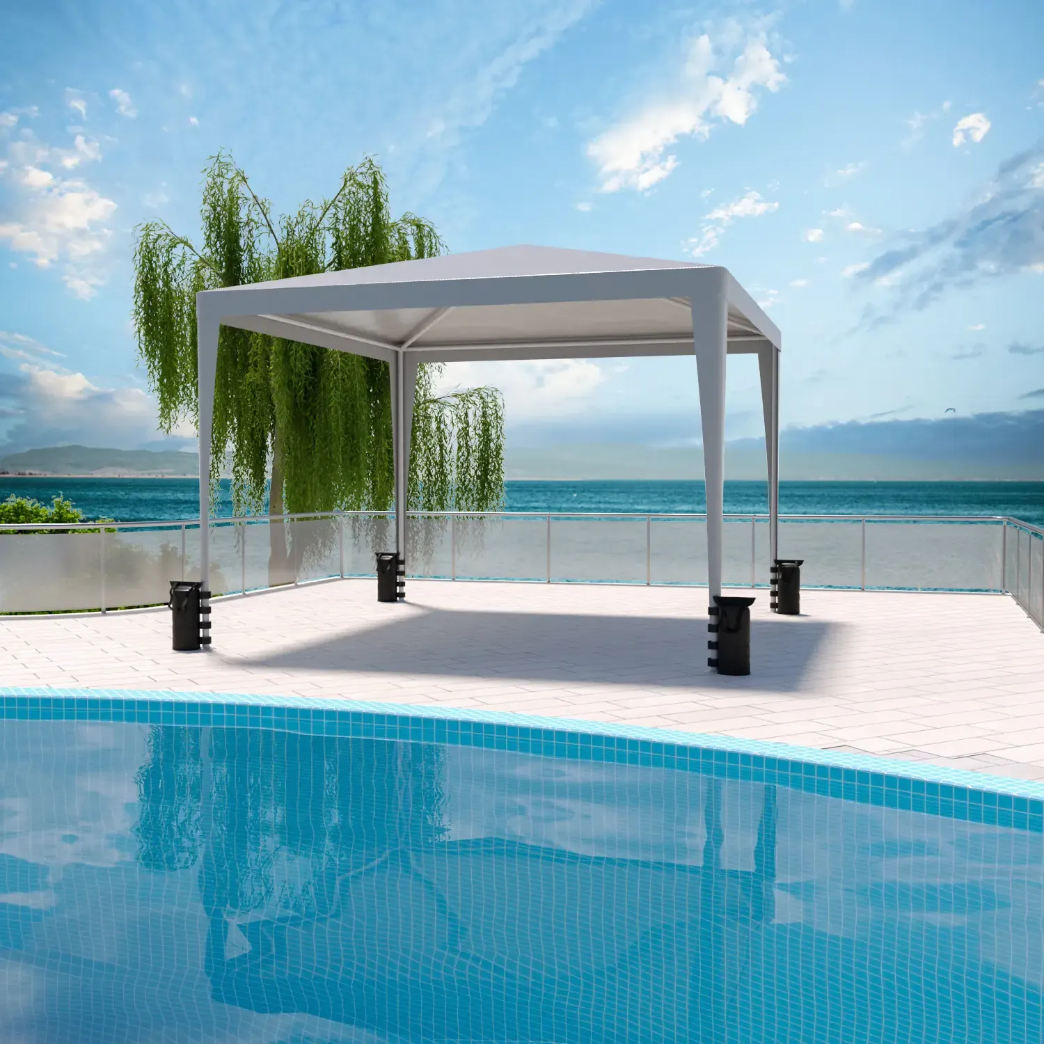Set Gazebo Grigio Giardino 3x3 M e 4 Sacche Per Pesi, Struttura Acciaio Copertura PE 110 gr/m² Impermeabile Idrorepellente Resistente Raggi Solari UV Ombrellone Tenda Fiere Campeggio Esterno Piscina