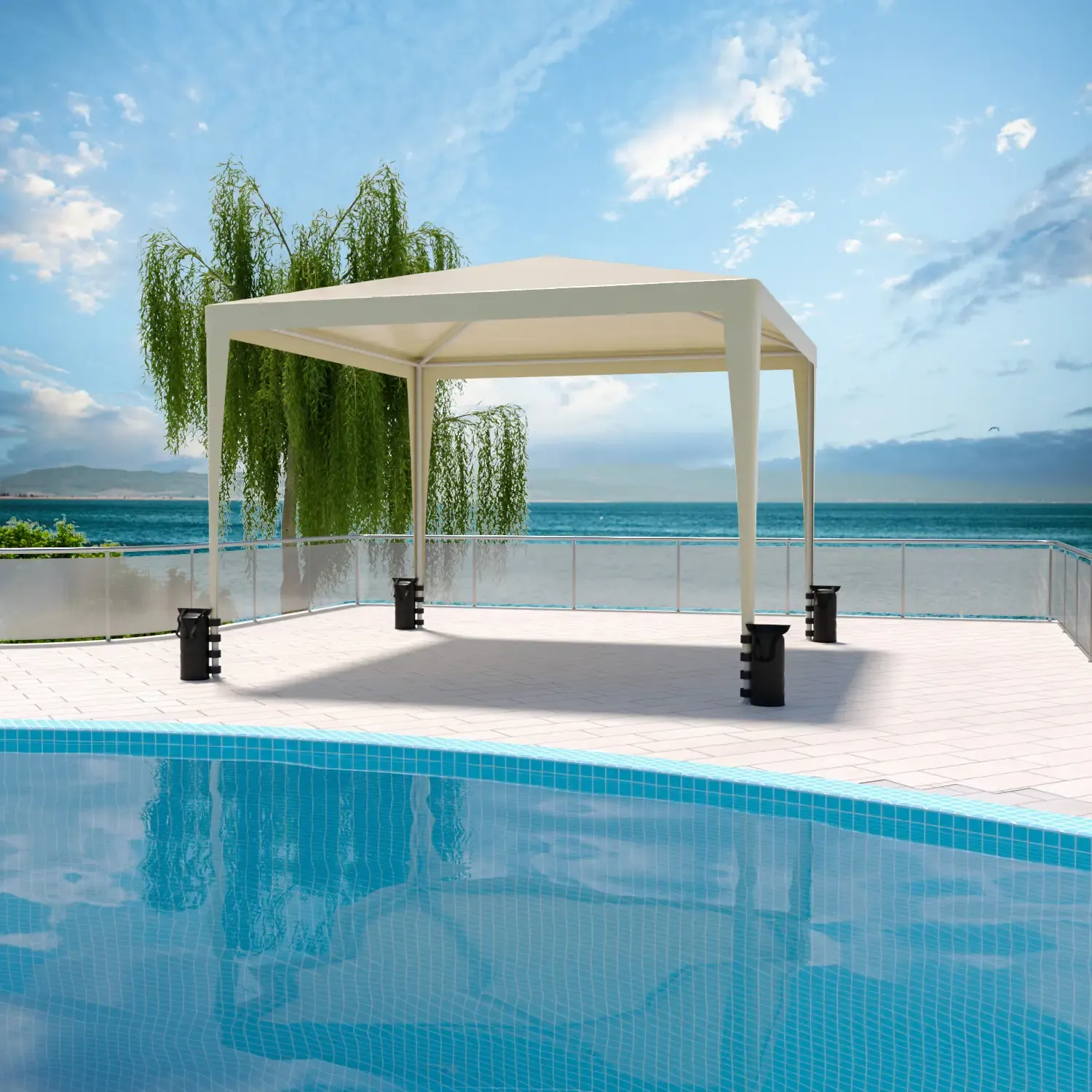 Set Gazebo Tortora Giardino 3x3 M e 4 Sacche Per Pesi, Struttura Acciaio Copertura PE 110 gr/m² Impermeabile Idrorepellente Resistente Raggi Solari UV Ombrellone Tenda Fiere Campeggio Esterno Piscina
