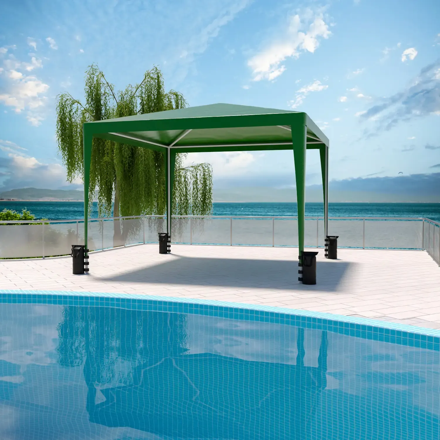 Set Gazebo Verde Giardino 3x3 M e 4 Sacche Per Pesi, Struttura Acciaio Copertura PE 110 gr/m² Impermeabile Idrorepellente Resistente Raggi Solari UV Ombrellone Tenda Fiere Campeggio Esterno Piscina