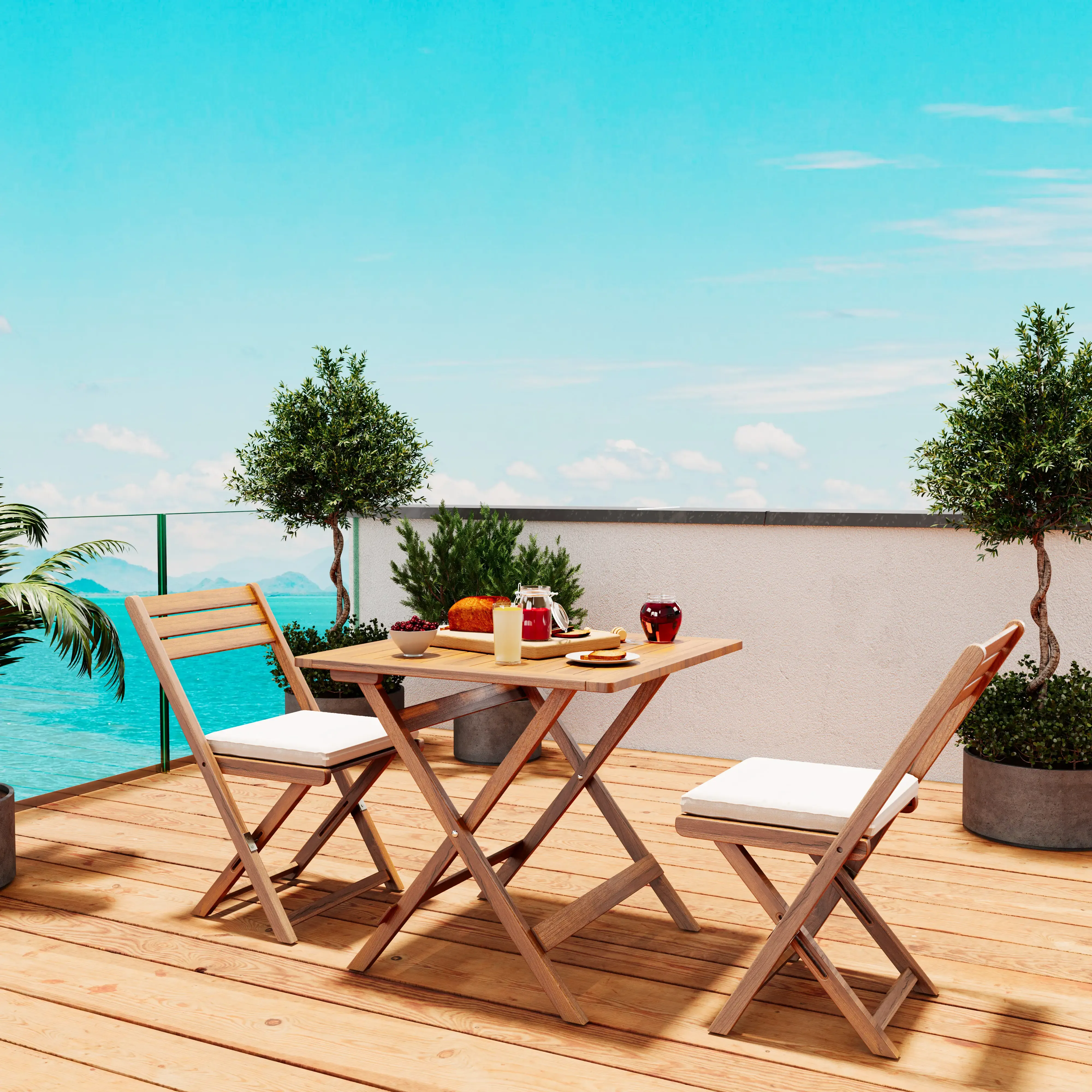 Set Tavolino E 2 Sedie Con Cuscini Bistrot In Legno Acacia Pieghevole Portatile Facile Da Chiudere Comodo Trasporto Tavolo Esterno Giardino Terrazza Campeggio Picnic Semplice Elegante 74 x 70 x 70 Cm