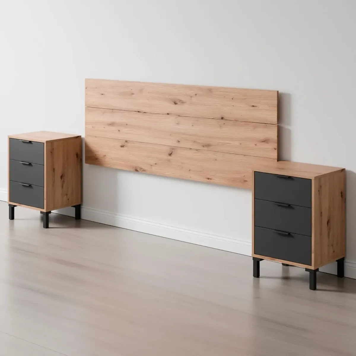 Set Testiera Letto Matrimoniale Con 2 Comodini Design Moderno Per Letti 135 E 150 cm Con Cassetti Per Camera Da Letto Cameretta Design Moderno Karbala 60 x 160 x 2,5 Cm-Rovere e Grigio antracite