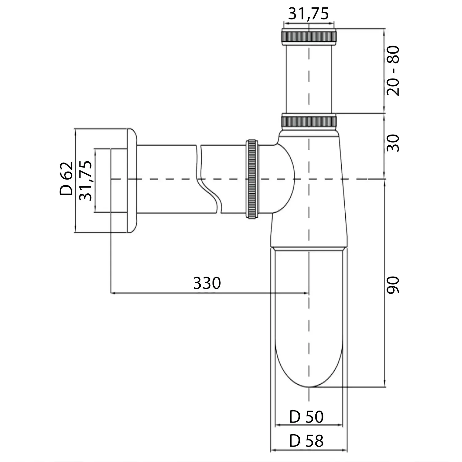 Sifone A Bottiglia Regolabile In Acciaio Cromato Per Lavabo Bidet Attacco 1"1/4 G Anti Odori Resistente Facile Da Installare Design Moderno Finitura Cromo Lucido