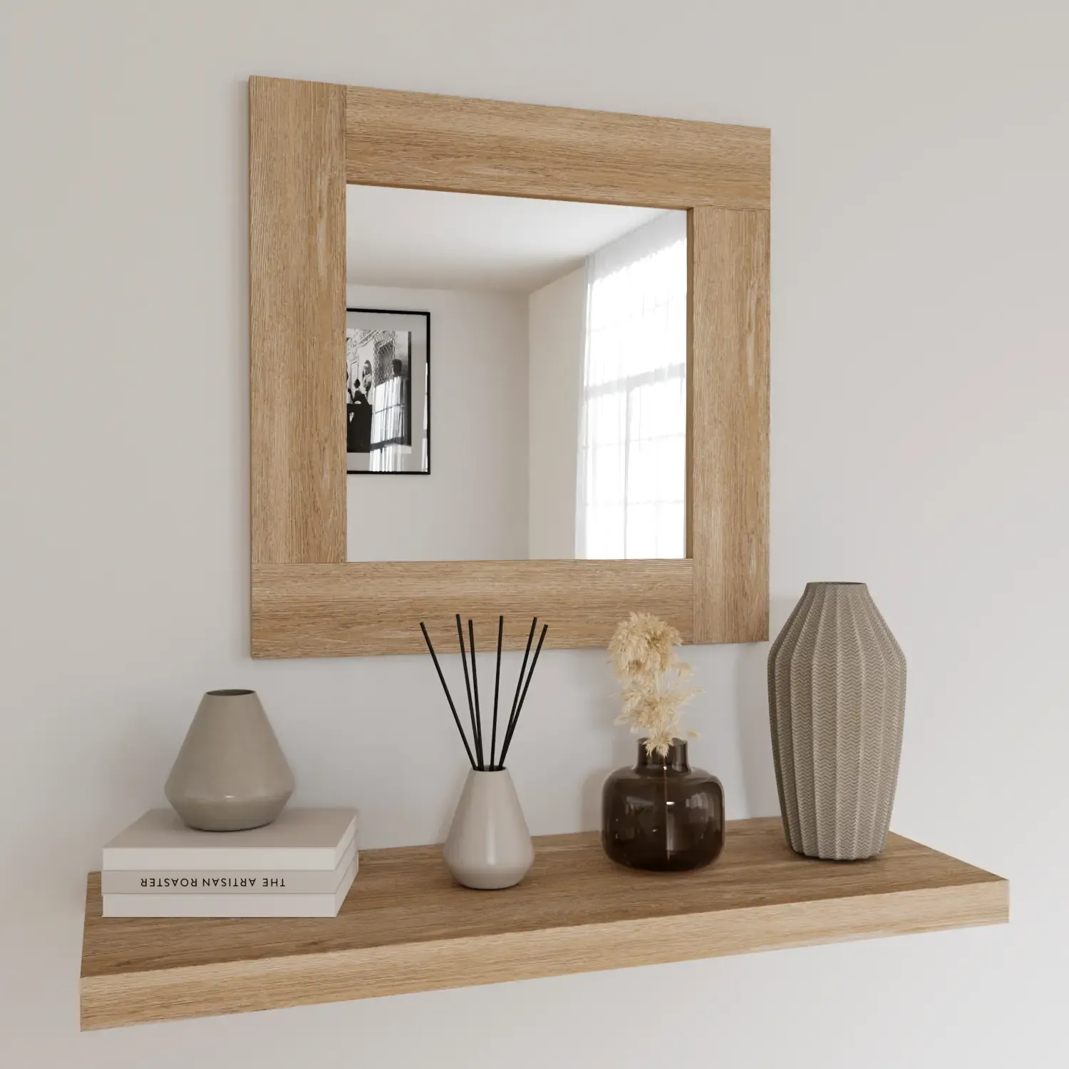 Specchio Quadrato Da Parete Specchiera In Vetro Con Cornice In Legno Per Soggiorno Ingresso Salotto Sala Da Pranzo Studio Design Moderno Ed Elegante 73 x 73 x 2 cm (Quercia)