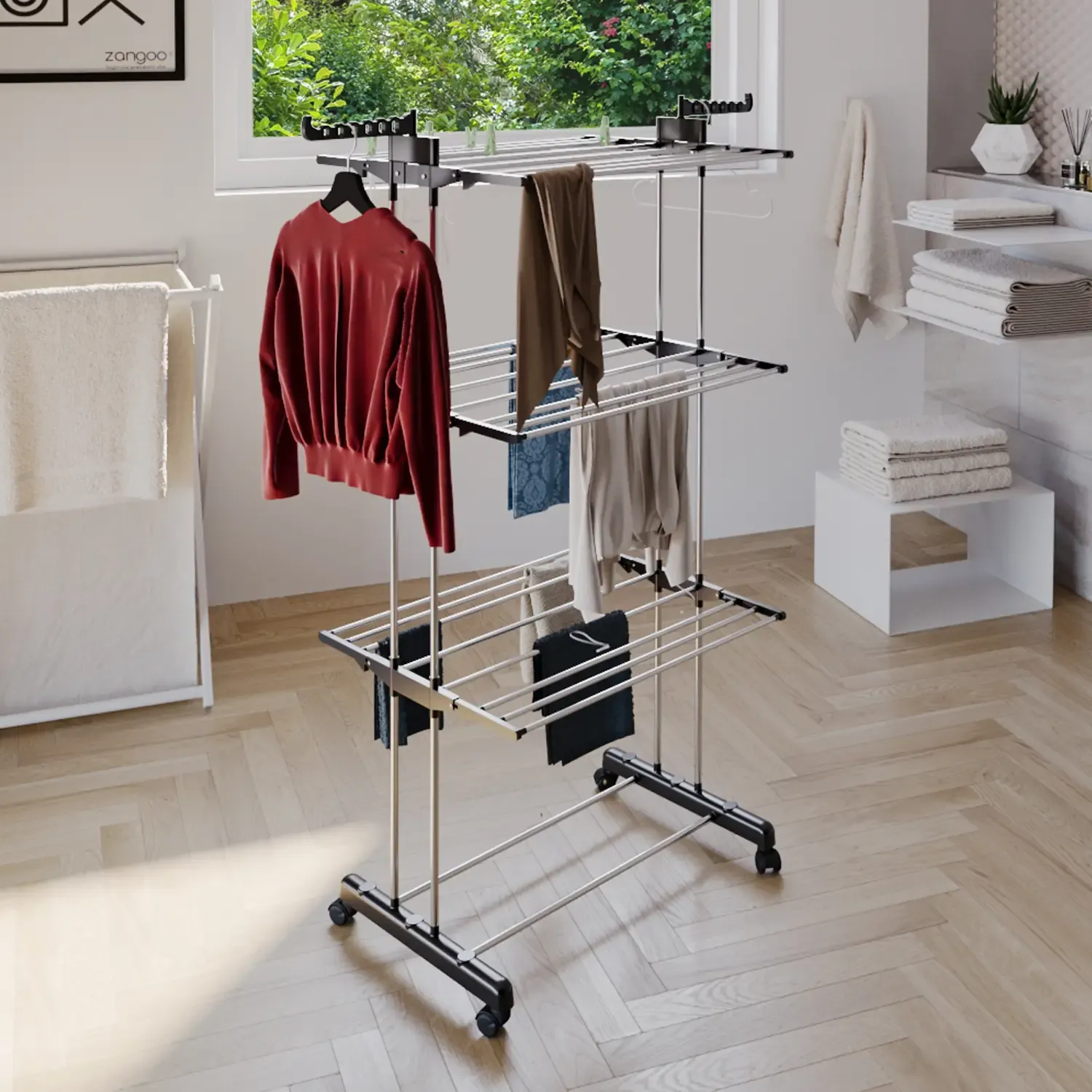 Stendibiancheria A Rotelle Stendino A Torre Verticale In Acciaio E ABS 4 Piani Ripiani Pieghevole Modulabile Salvaspazio Con Ali Richiudibile Biancheria Interno Esterno 169 x 75.5 x 63.5 Cm (Nero)