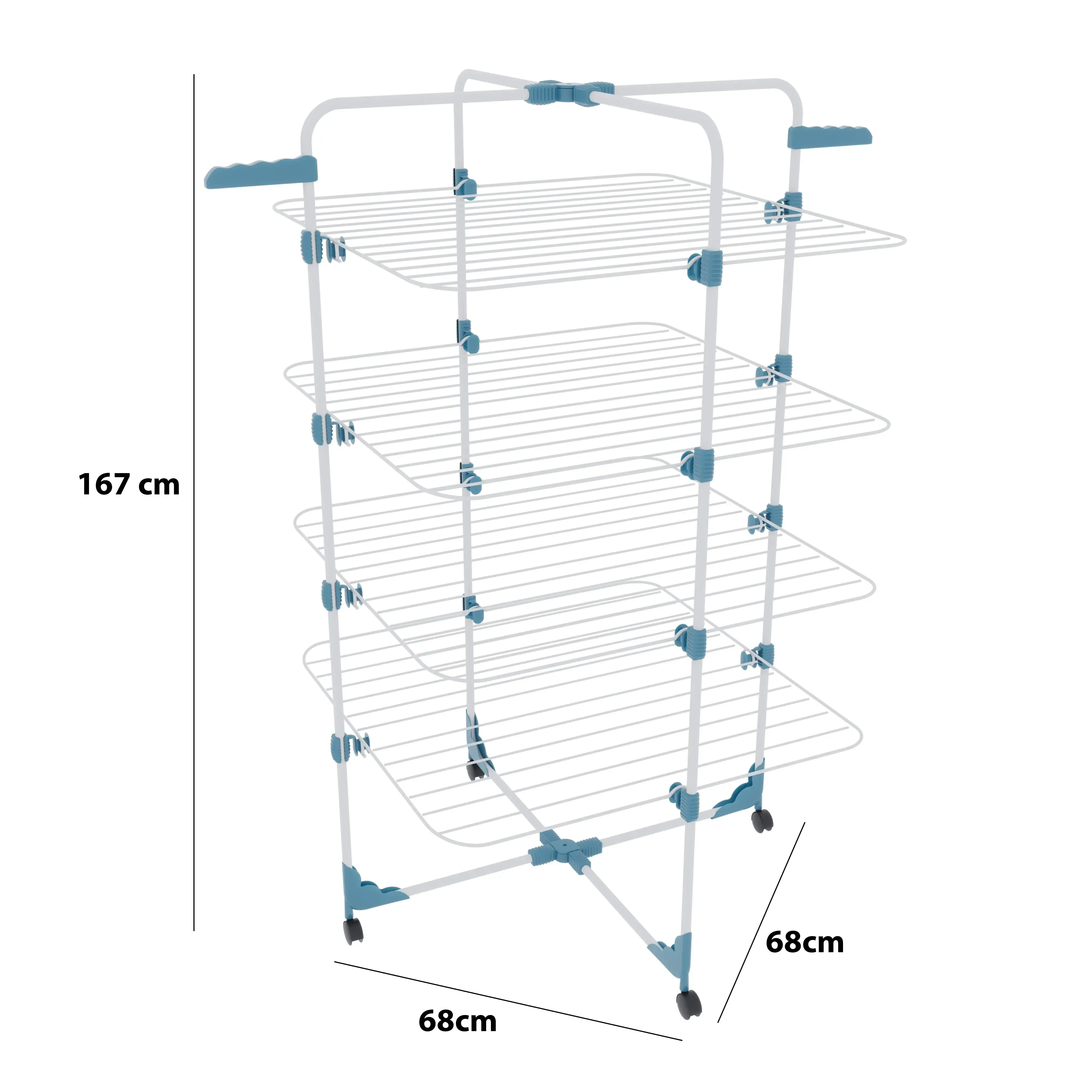 Stendibiancheria Da Pavimento Con Rotelle Stendino A Torre Verticale In Acciaio Con 4 Ripini e 2 Appendi Grucce Pieghevole Salvaspazio Per Biancheria Lenzuola Panni 168.5 x 71 x 71 Cm (Bianco E Blu)