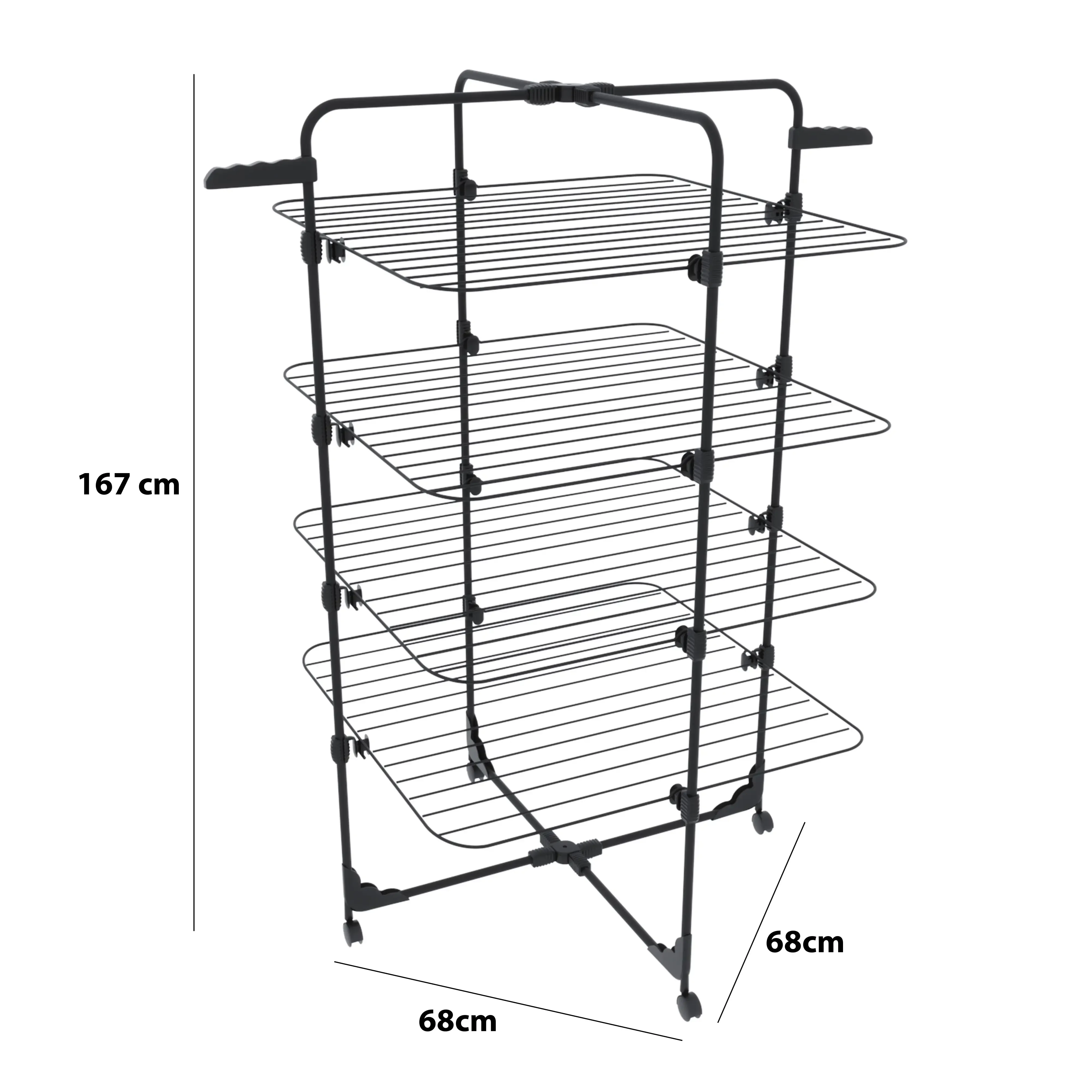 Stendibiancheria Da Pavimento Con Rotelle Stendino A Torre Verticale In Acciaio Con 4 Ripini e 2 Appendi Grucce Pieghevole Salvaspazio Per Biancheria Lenzuola Panni 168.5 x 71 x 71 Cm (Nero Opaco)