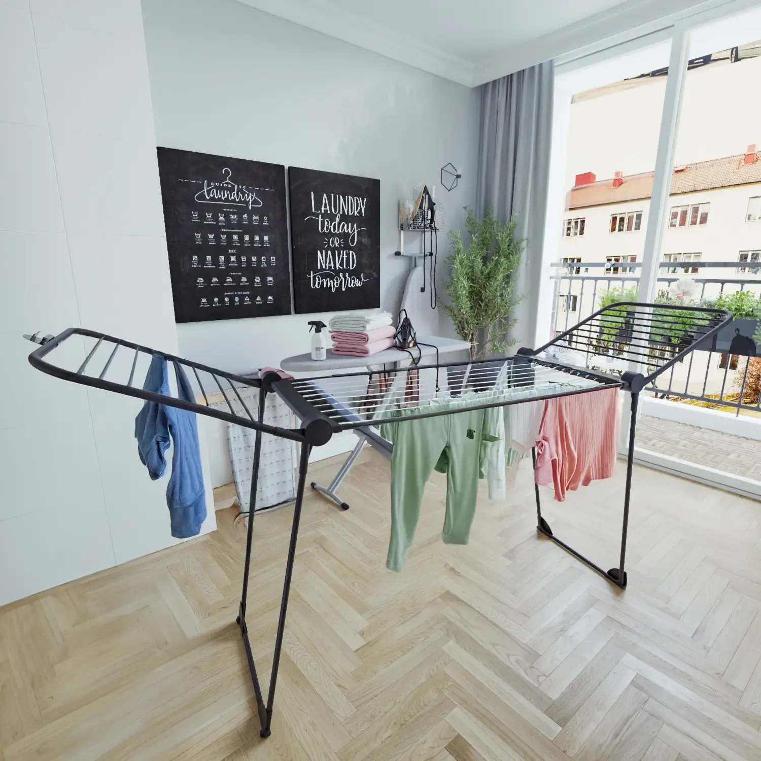 Stendibiancheria Estensibile Fino a 2 Metri Griglia Telescopica 30 M di Stenditura Stendino Grandi Dimensioni Ali Alte Uso Interno Esterno Con Ruote Richiudibile 218-300 x 55 x 126 cm (Nero Opaco)