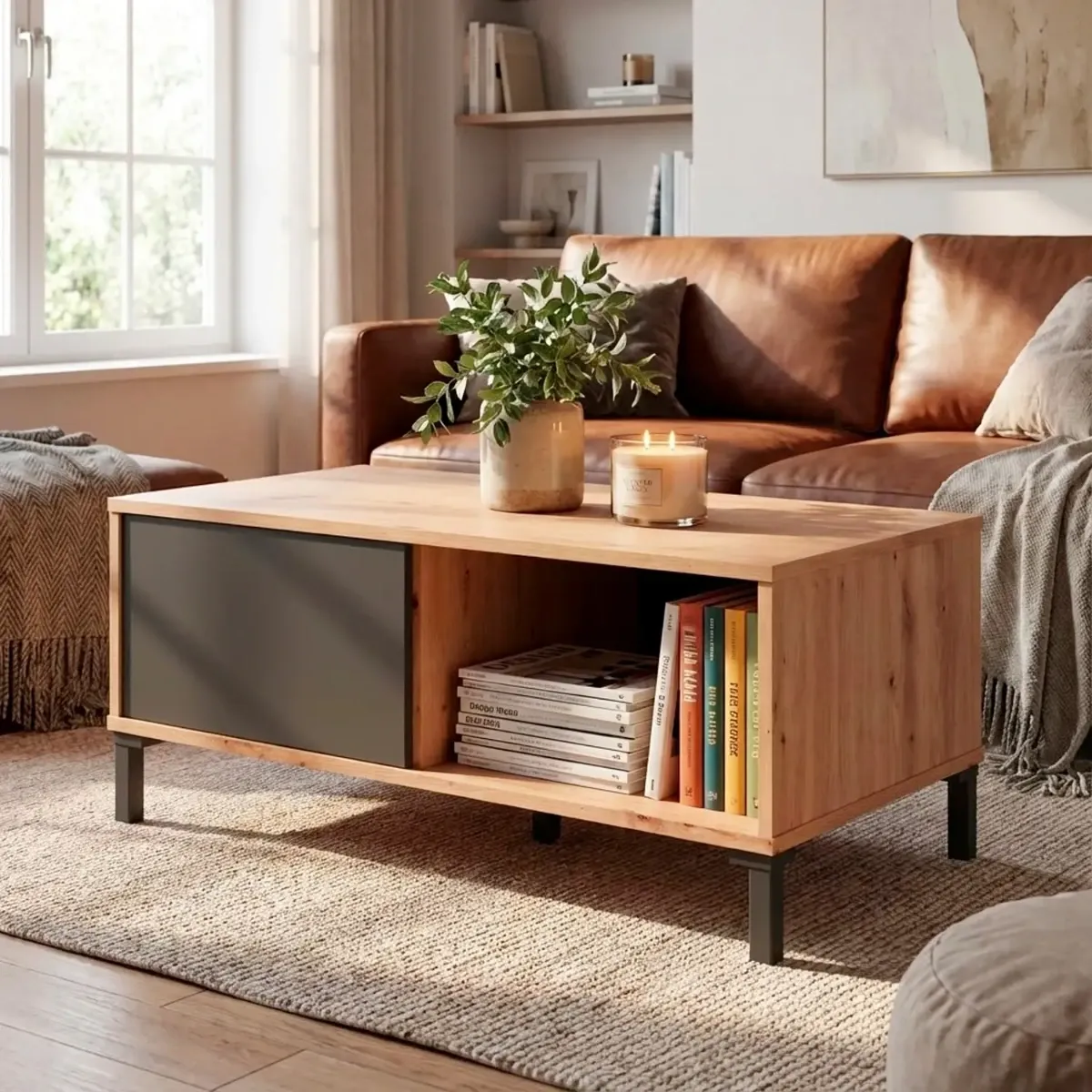 Tavolino Da Caffè Con Vano Aperto e Chiuso Tavolo Basso Design Soggiorno Salotto Arredo Casa Stile Industriale Moderno Beira 40 x 100 x 50 cm-Rovere e Grigio antracite