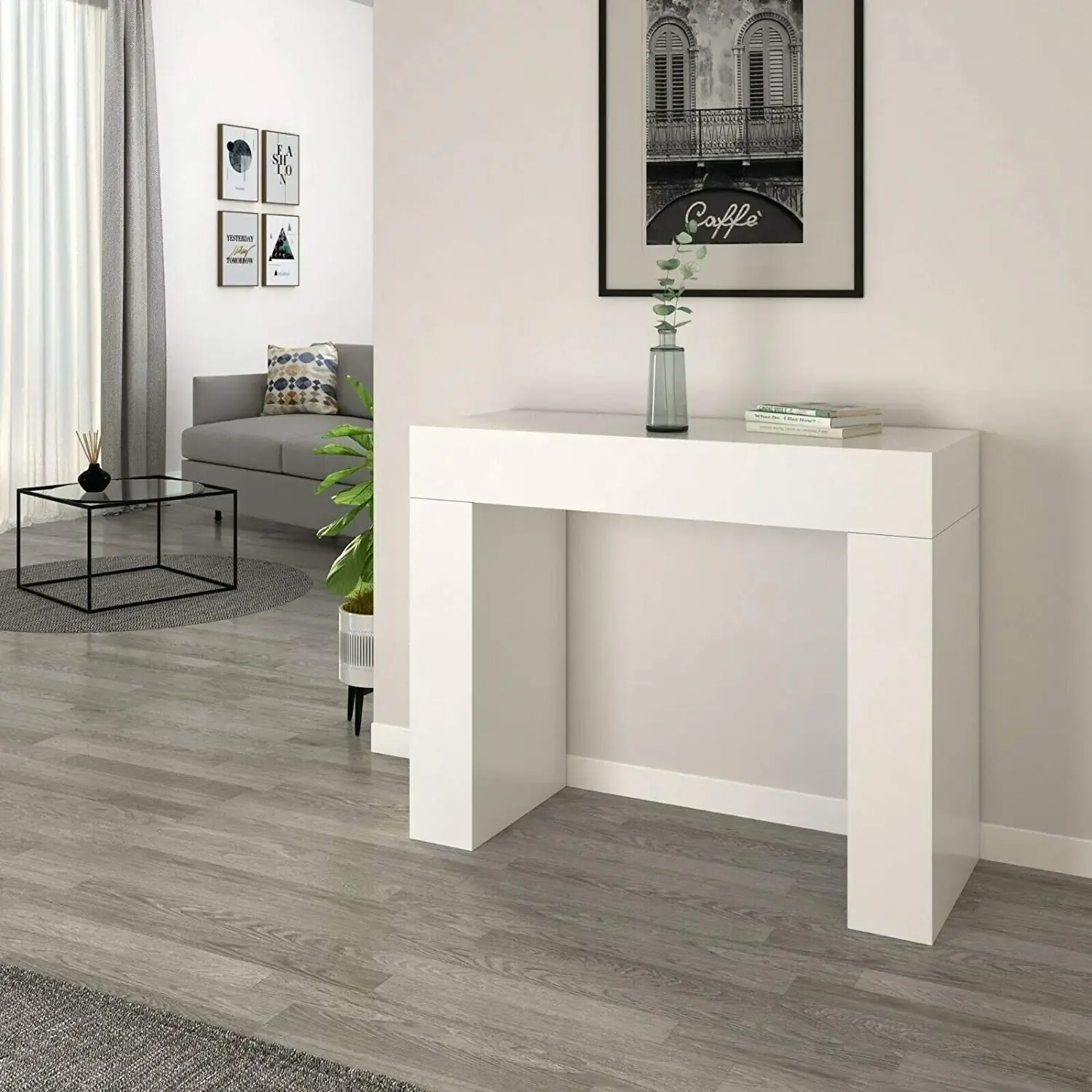 Tavolo Consolle In Legno, Tavolo Salvaspazio Fisso, Design Washington Moderno Ed Elegante, Consolle Per Casa Ingresso Ufficio, 110 x 40 x 80 cm, (Bianco Lucido Laccato)