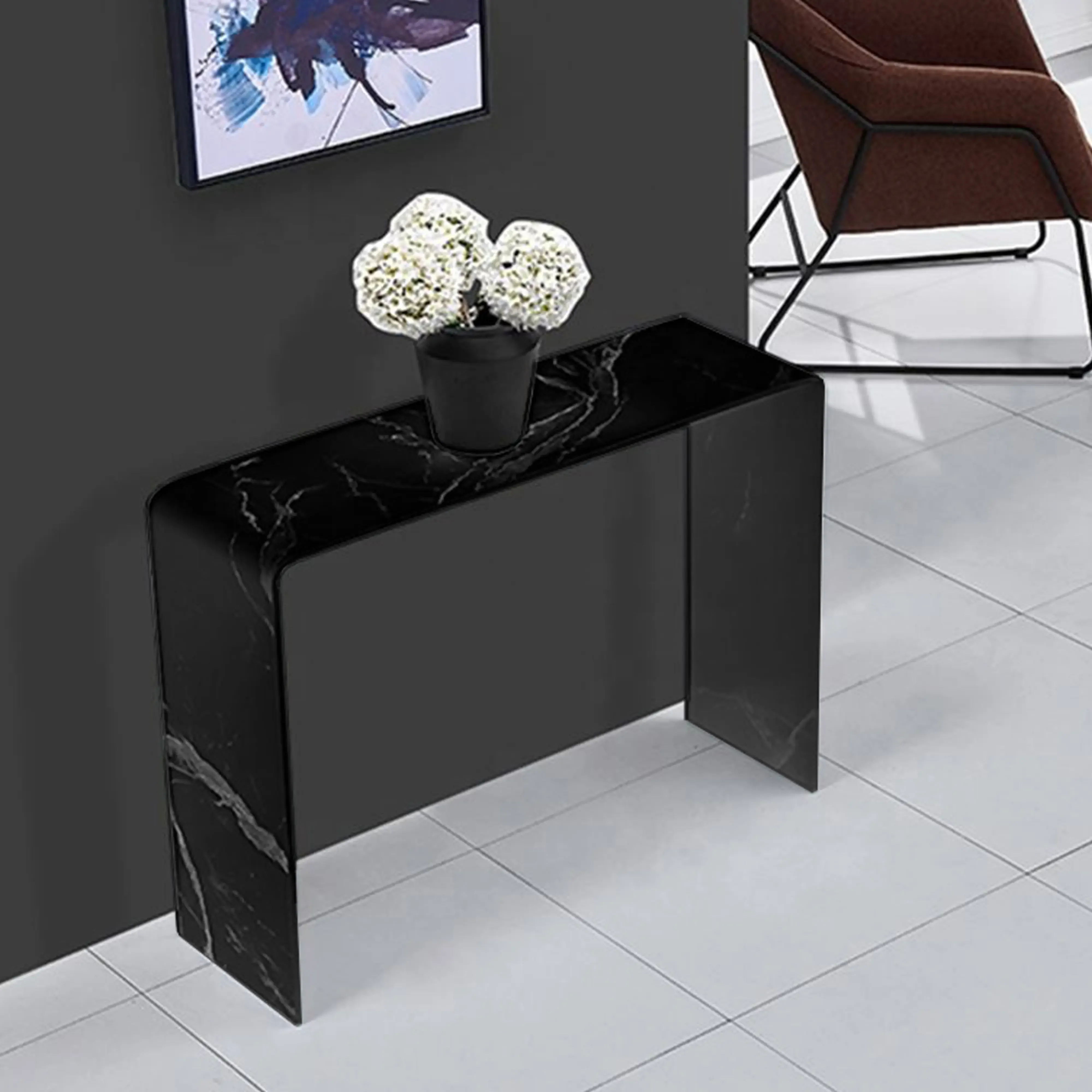 Tavolo Consolle Salotto Soggiorno Sala da Pranzo Rettangolare in Vetro Nero e Curvato Design Moderno Elegante Weld W, 100 x 30 x 72 Cm Colore Nero Effetto Marmo