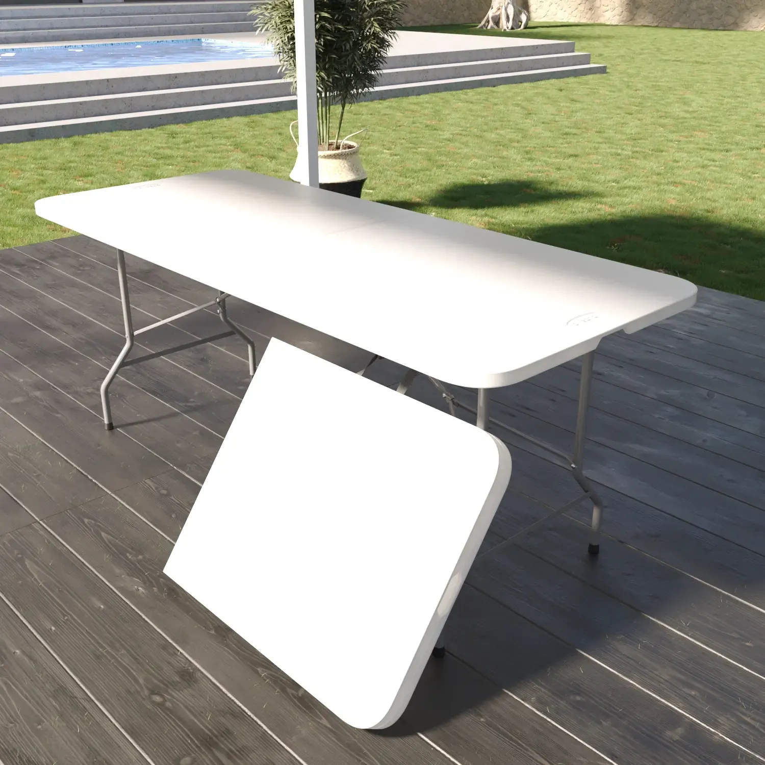 Tavolo Tavolino Pieghevole In Dura Resina Set Birreria Facile Trasporto Con Maniglie Ideale Per Giardino Campeggio Terrazzo Fiere Sagre 180 x 74 x 74 cm Colore Bianco