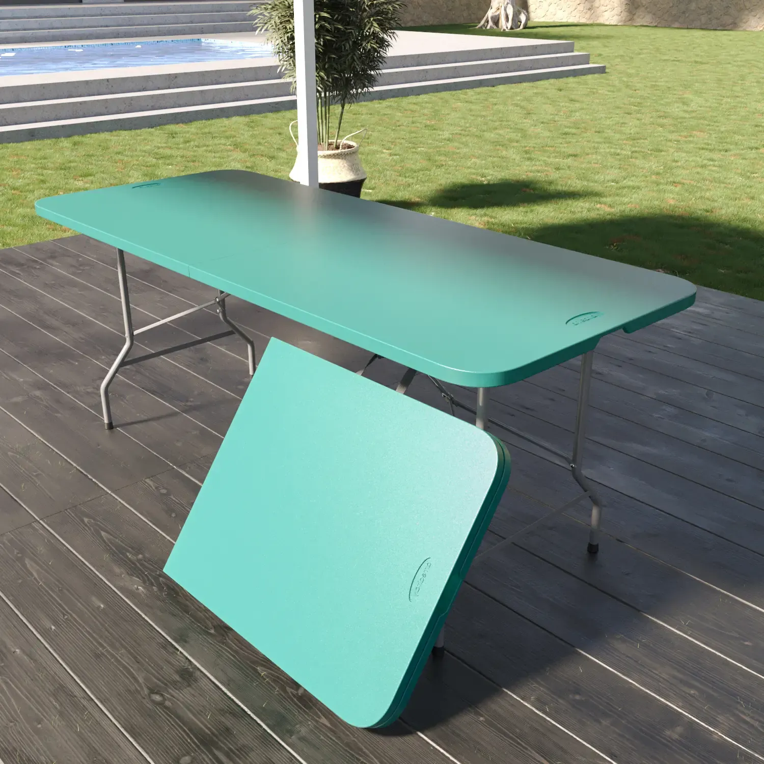 Tavolo Tavolino Pieghevole In Dura Resina Set Birreria Facile Trasporto Con Maniglie Ideale Per Giardino Campeggio Terrazzo Fiere Sagre 180 x 74 x 74 cm Verde Tiffany