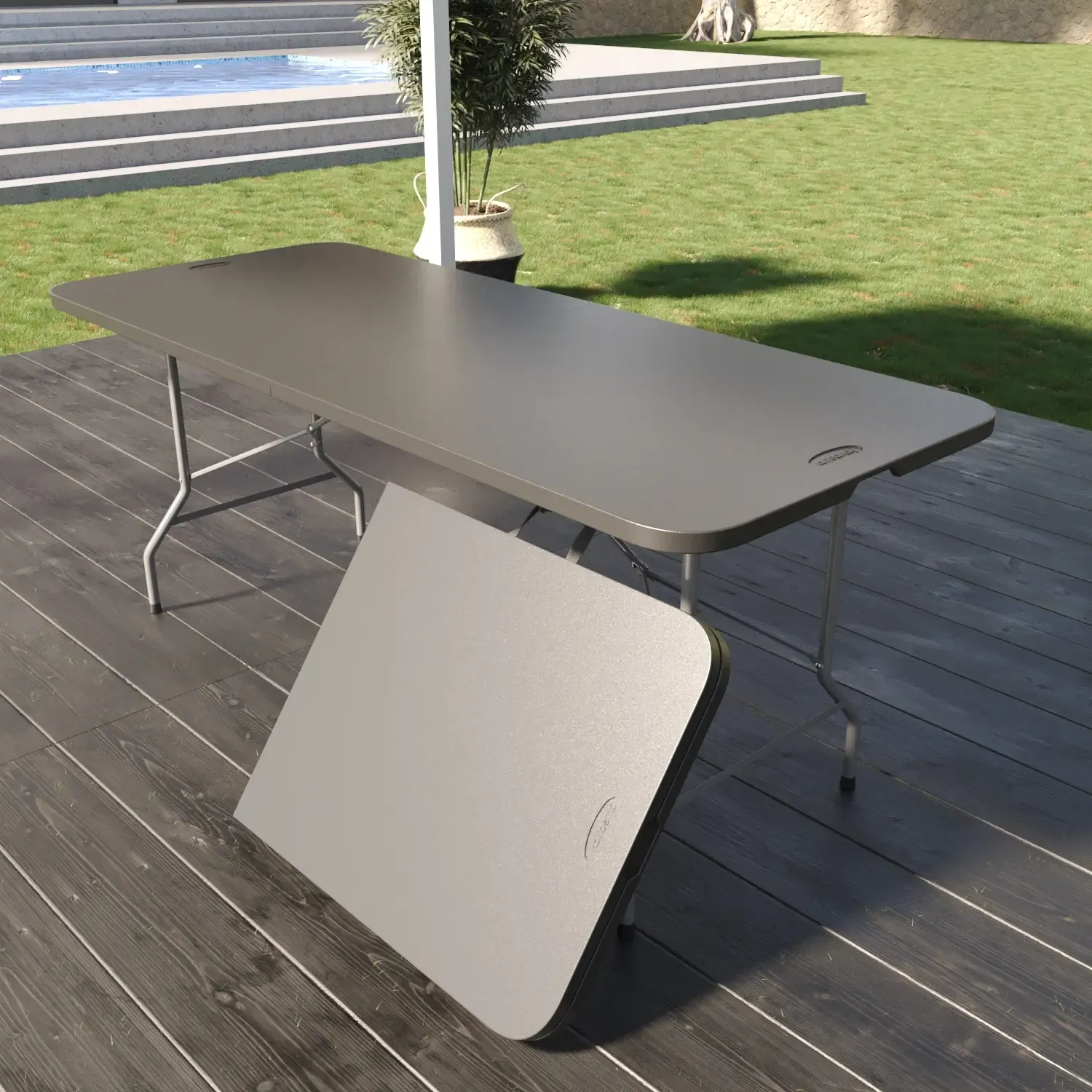 Tavolo Tavolino Pieghevole In Dura Resina Set Birreria Facile Trasporto Con Maniglie Ideale Per Giardino Campeggio Terrazzo Fiere Sagre 180 x 74 x 74 cm Colore Grigio Scuro