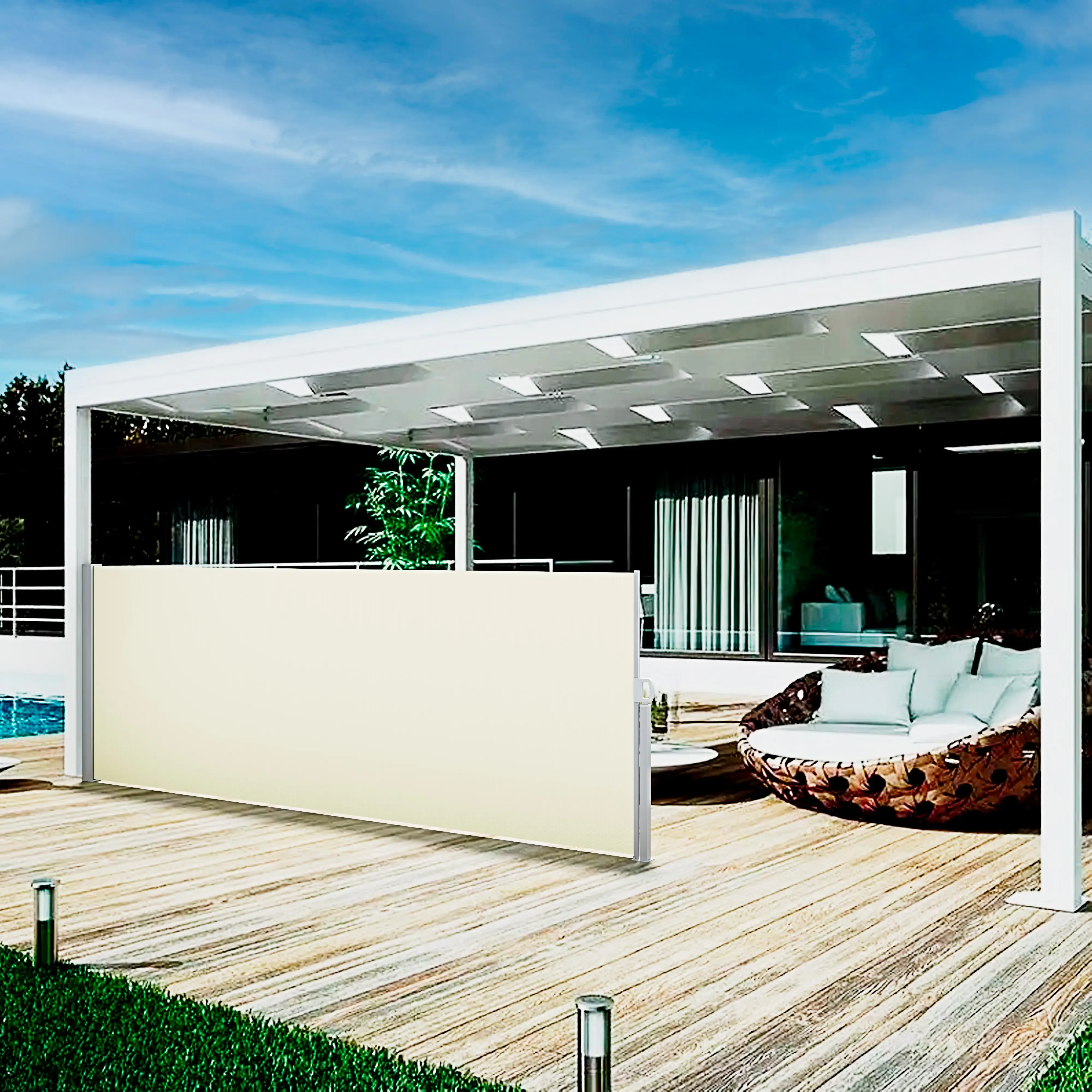 Tenda Paravento Da Sole Laterale Estensibile Parasole Frangivista Riavvolgibile Antivento Ombreggiante Protezione Solare Privacy Per Balcone Terrazzo Giardino Piscina Esterno Beige (140 x 300 Cm)