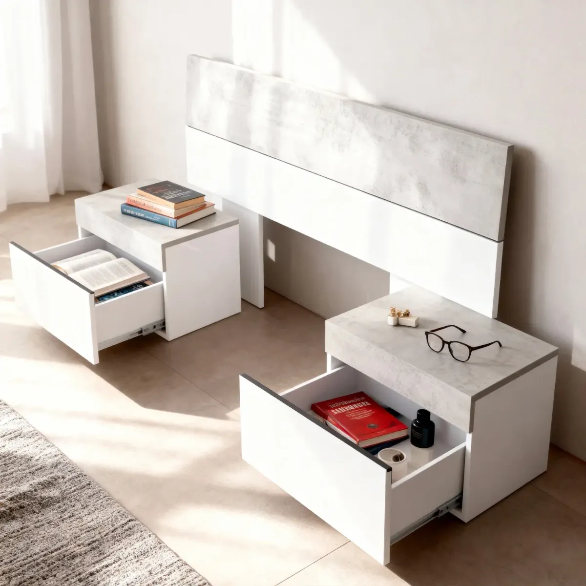 Testiera Letto Matrimoniale Con 2 Comodini Da 1 Cassetto E Guide Metalliche Design Moderno Minimal Per Camera Da Letto Stanza Ospiti-Bianco e grigio cemento-276 x 94 x 40 Cm
