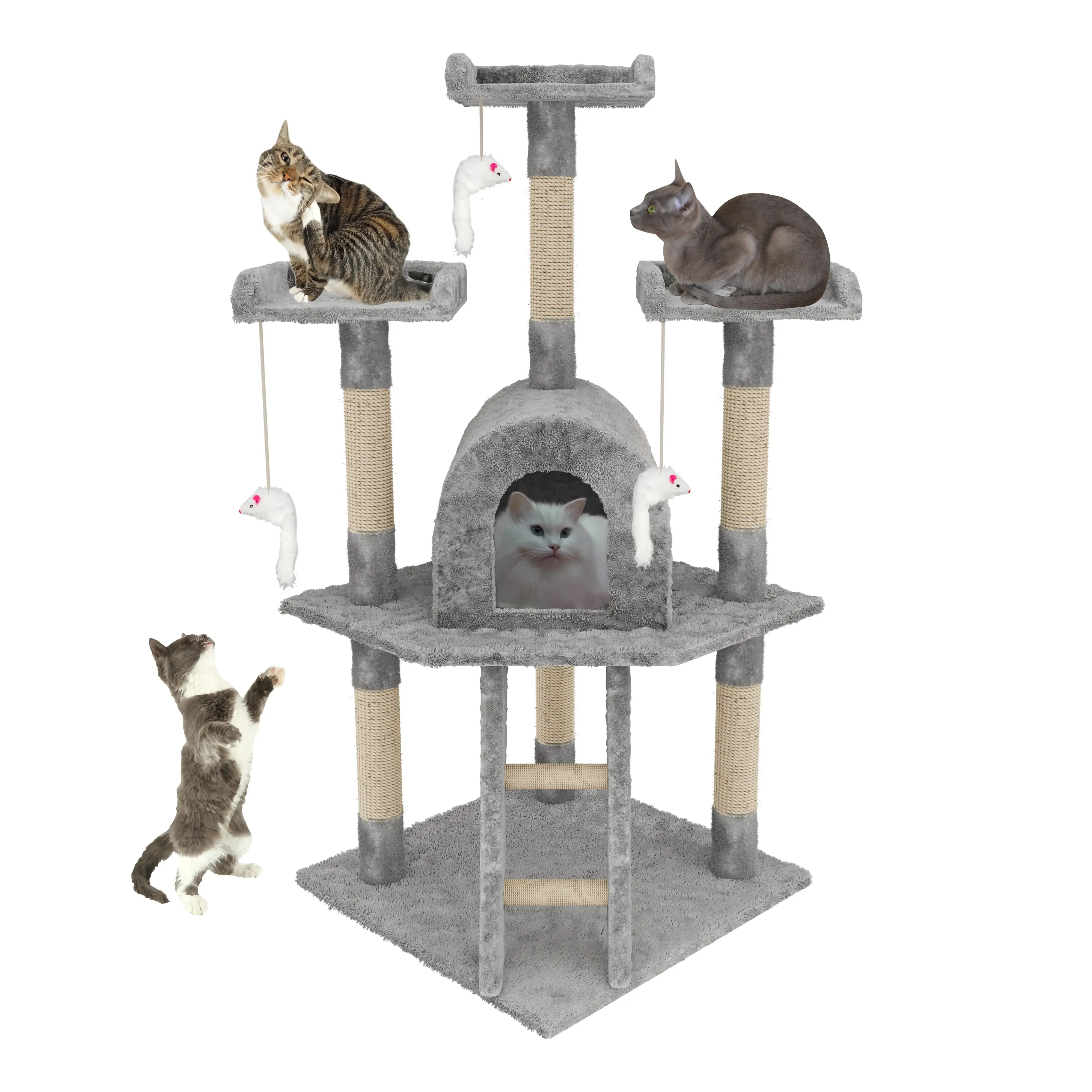 Tiragraffi Albero Palo Gioco Per Gatti Con Corda In Sisal Naturale Tira Graffi Angolare Multifunzione Giocattolo Stimolante Cuccia Per Gatto Adulto Cucciolo Domestico 116 Cm Grigio