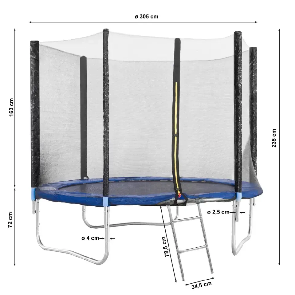 Trampolino Tappeto Jumper Elastico con Rete di Sicurezza, 6 Pali Imbottiti, Scaletta e Rivestimento sui Bordi, Ideale per Giardino, Diametro 305 cm (Colore Blue E Nero)