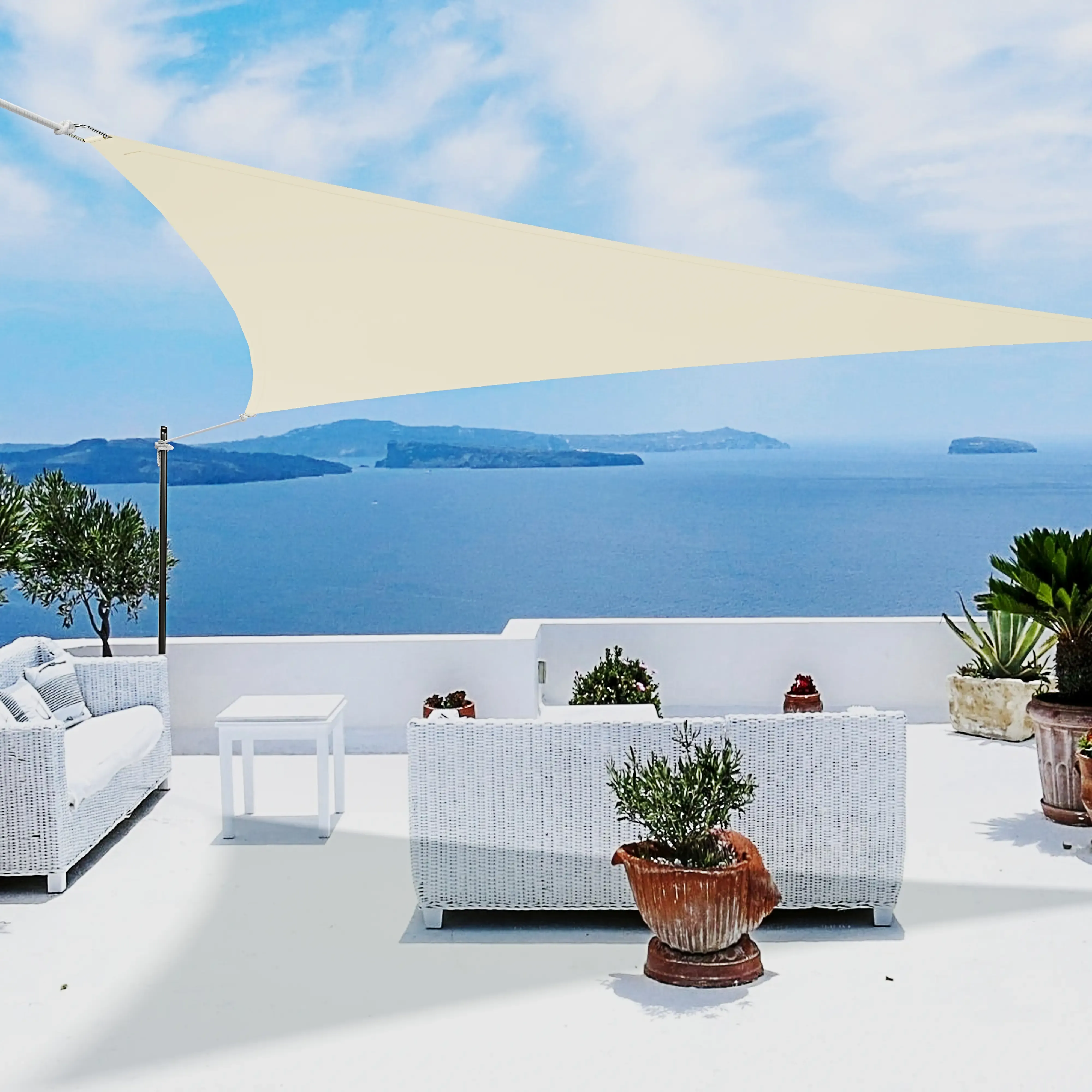 Vela Ombreggiante Triangolare Parasole Tenda Da Sole 180 gr/m² Traspirante Anti UV Impermeabile Resistente Esterno Giardino Piscina Funi Ancoraggio Occhielli In Acciaio (3 x 3 x 3 m, Crema)