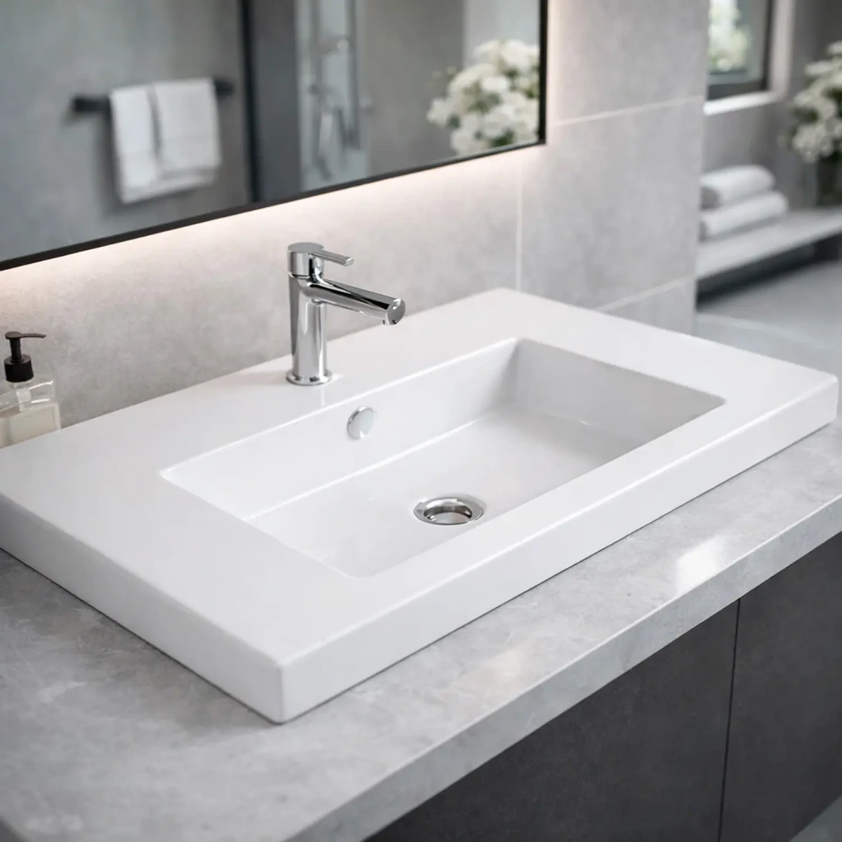 Lavabo Da Incasso Rettangolare Lavandino Bagno In Ceramica Design Moderno Elegante Per Top Bagno 101 x 36 cm-Bianco