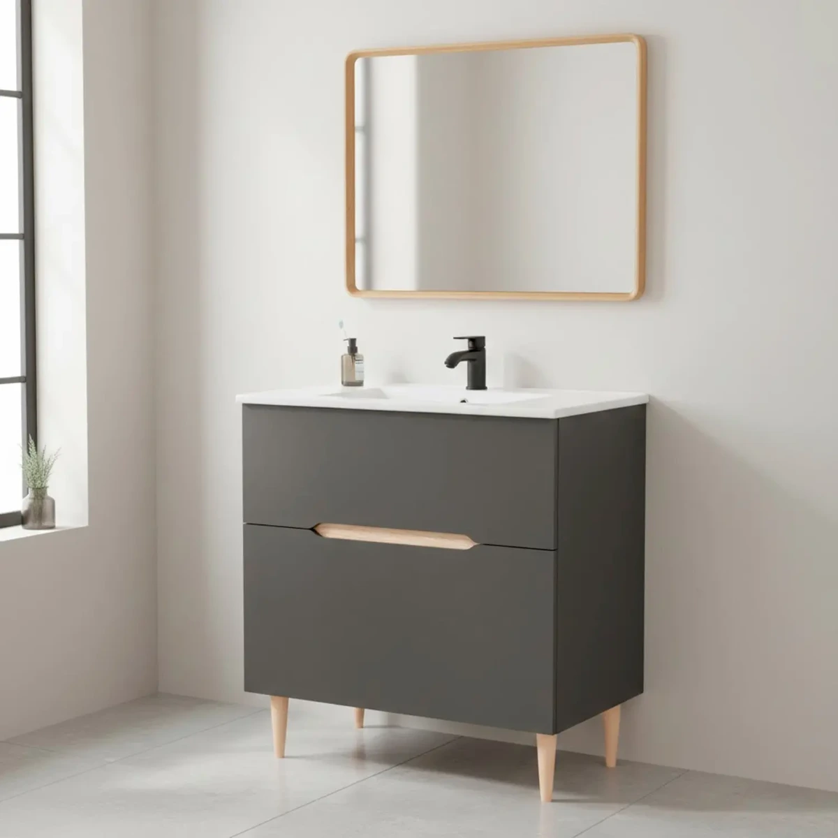 Mobile Bagno A Terra Con Lavabo In Ceramica E Specchio Inclusi 1 Cassetto Soft Close E 1 Anta A Vasistas Design Moderno Salvaspazio 80 x 45 x 80 Cm-Grigio Antracite e rovere-80 x 45 x 80 cm