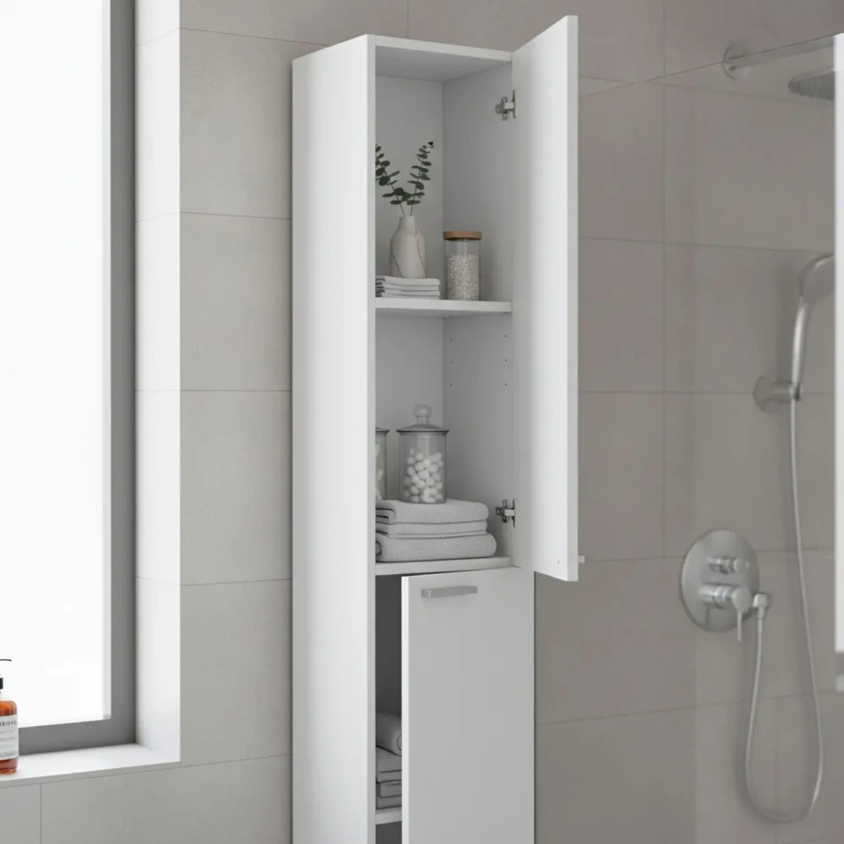 Colonna Armadio Da Bagno Con Doppia Anta E 4 Ripiani Mobile Alto Salvaspazio Armadietto In Melaminico Chiusura Ammortizzata Lavanderia-Bianco lucido-30 x 25 x 182 Cm