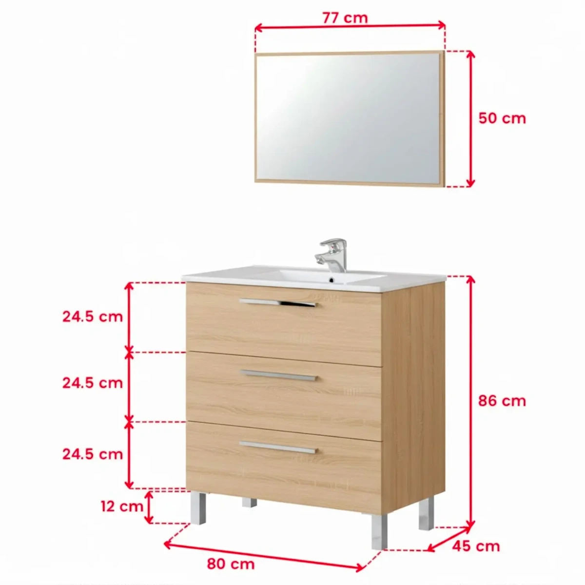 Mobile Bagno A Terra Con 3 Cassetti Lavabo In Ceramica E Specchio 77 x 50 Cm Inclusi Design Moderno Salvaspazio Elegante E Funzionale 80 x 45 x 86 Cm-Rovere chiaro-80 x 45 x 86 cm