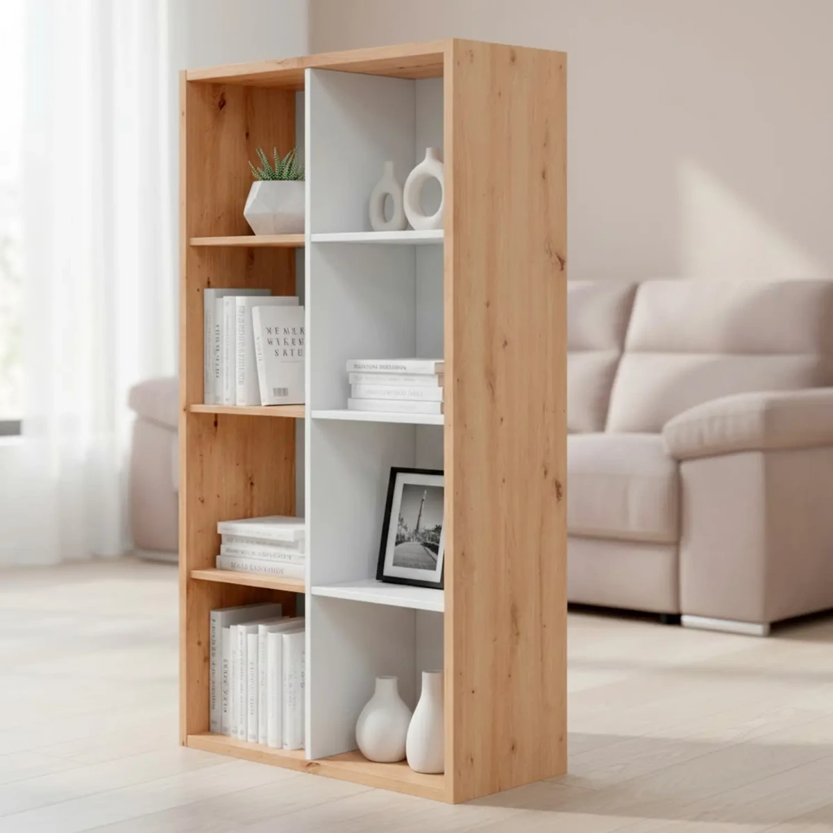 Libreria Cubi 8 Vani Modulare Mobile Moderno Per Libri Installabile In Verticale O Orizzontale Per Soggiorno Ufficio E Cameretta 71.5 x 137 x 33 Cm -Bianco e rovere