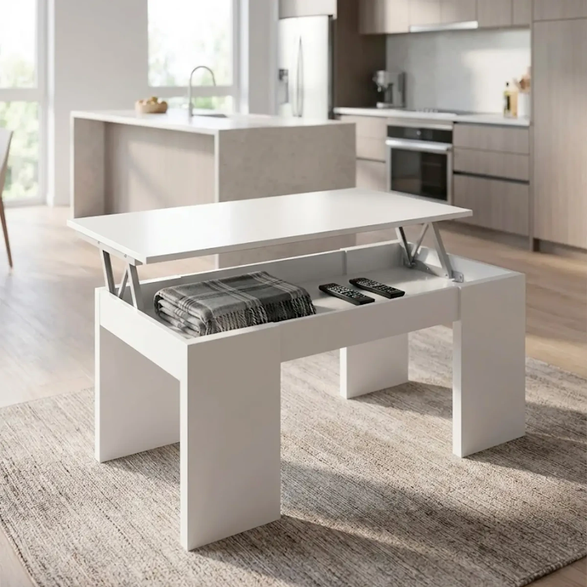 Tavolino da Caffè Con Piano Rialzabile Con Vano Contenitore Alzabile Tavolo da Salotto Moderno Salvaspazio Ideale per Mangiare Lavorare e Organizzare il Soggiorno 100 x 50 x 42 cm Bianco-Bianco