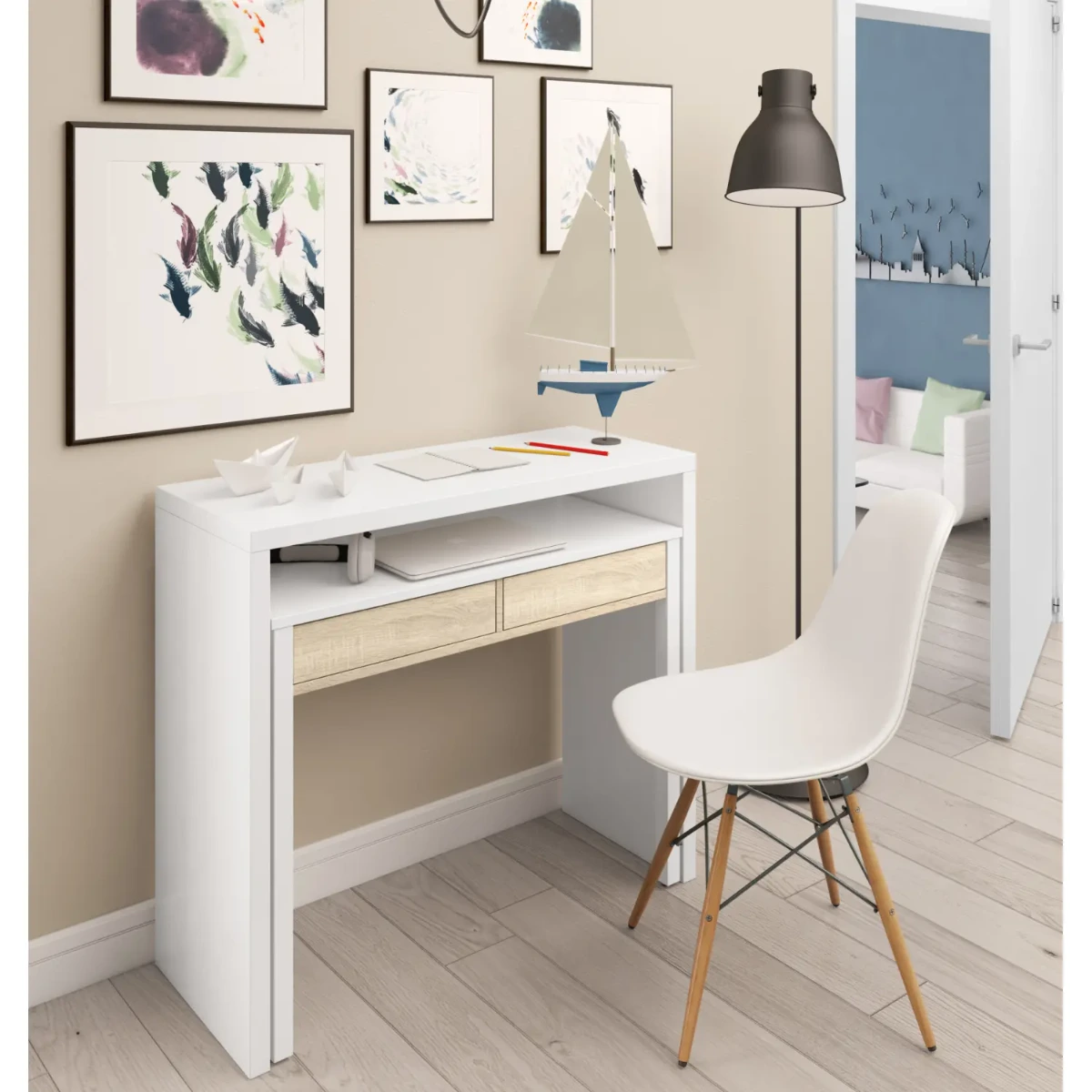 Scrivania Allungabile Con 2 Cassetti Tavolo Consolle Estensibile Studio Salvaspazio Con Ripiano Ideale Disegno Soggiorno Camera Salotto Ingresso Corridoio 99 x 88 x 36 Cm-Bianco e rovere