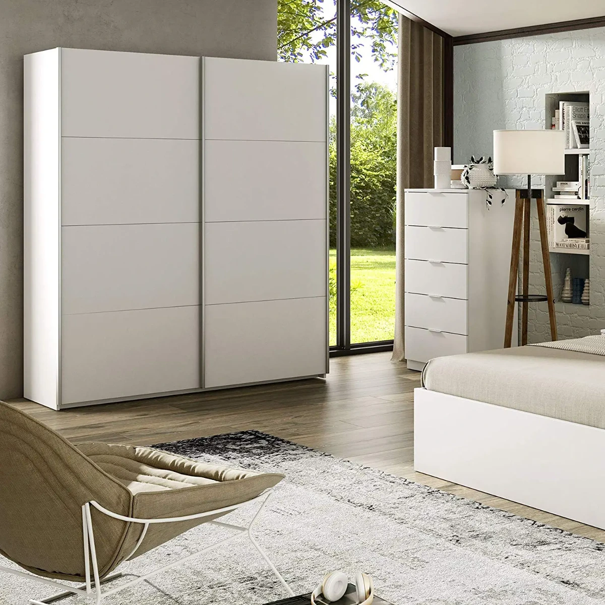 Armadio Armadietto Guardaroba Resistente Robusto Multiuso con 2 Ante Scorrevoli 2 Ripiani E 2 Appendiabiti Camera da Letto Arredo Arredamento 200 x 150 x 60 Cm-Bianco Artik