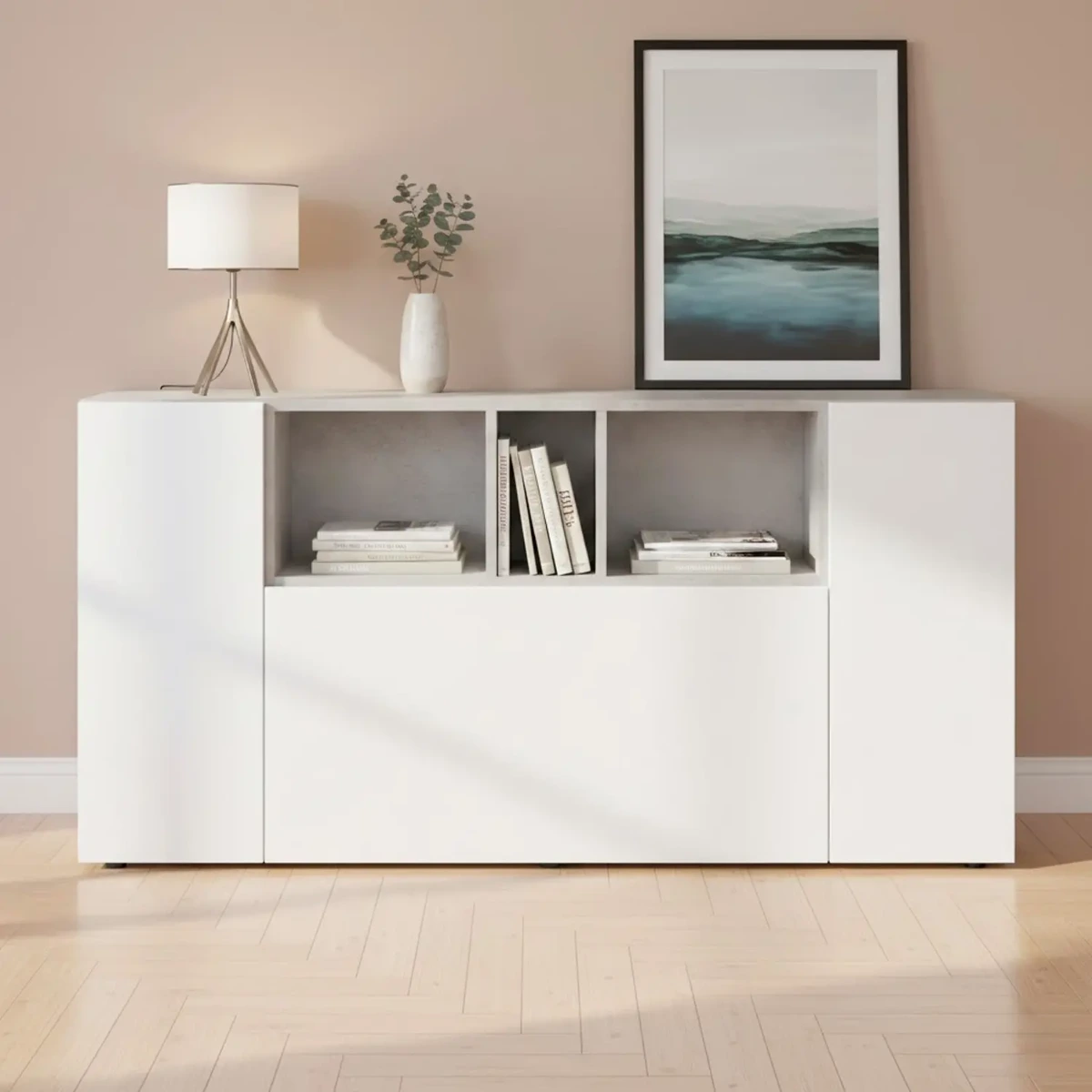 Credenza Moderna Madia A 3 Ante Con Vani a Giorno Mobile Contenitore Salvaspazio Da Terra Ripiani Regolabili Per Ingresso Soggiorno 150 x 41 x 76 Cm-Bianco e grigio cemento