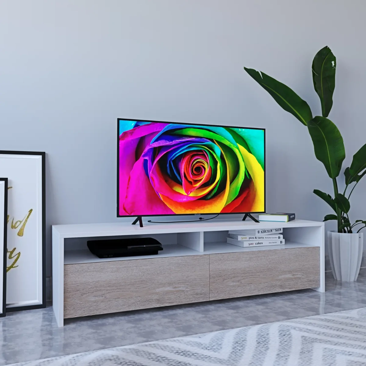 Mobile Porta TV Moderno Parete Attrezzata Con 2 Ante E 2 Vani A Giorno Mobiletto Salvaspazio Da Terra Per Televisione Soggiorno Salotto Camera Da Letto 130 x 40 x 35 Cm-Bianco e rovere