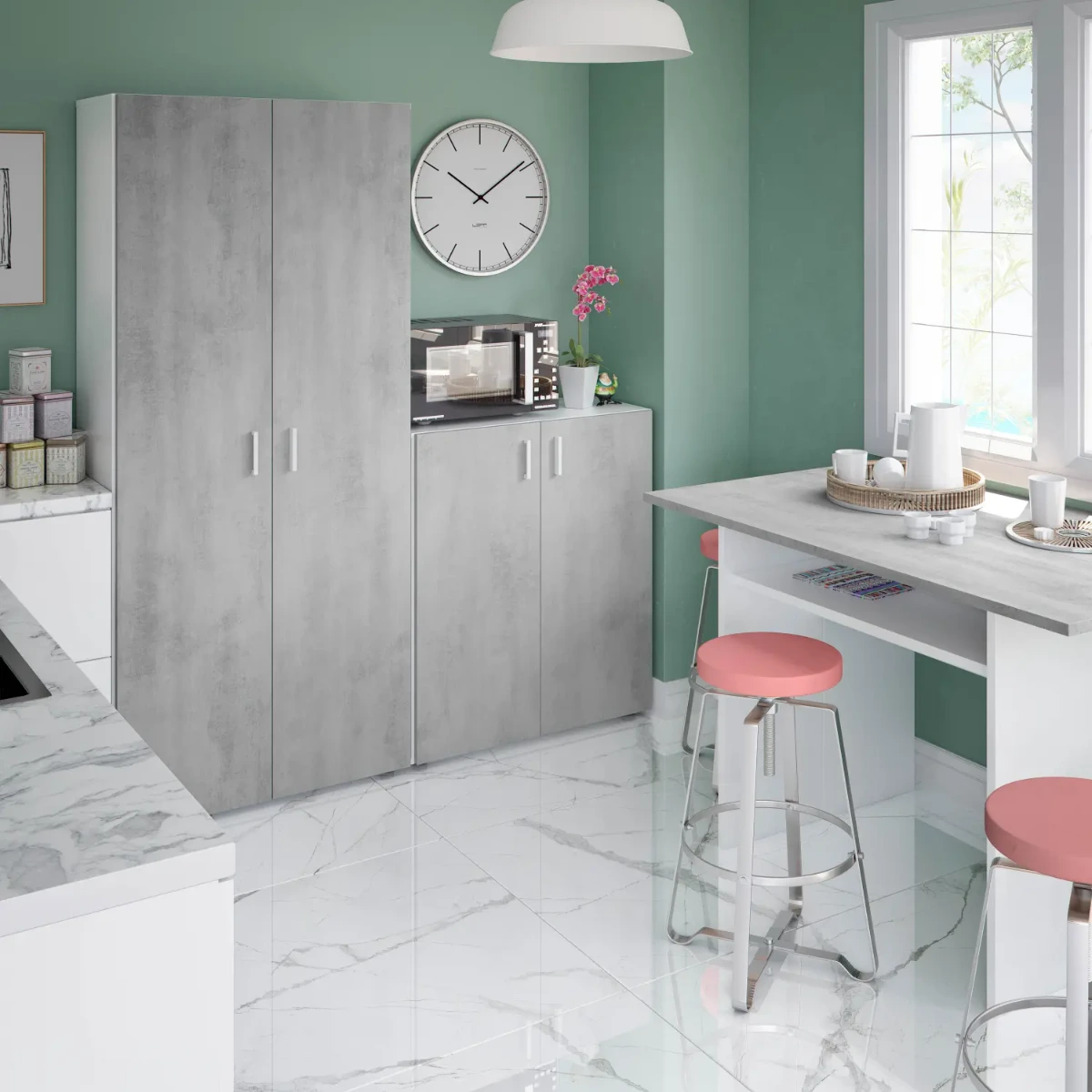 Armadio Multiuso Armadietto Alto Con Doppia Anta e 4 Ripiani Ideale Per Bagno Ingresso Camera Da Letto Garage Ripostiglio Design Moderno Huelva L 80 x 37 x 182 Cm-Bianco e grigio cemento