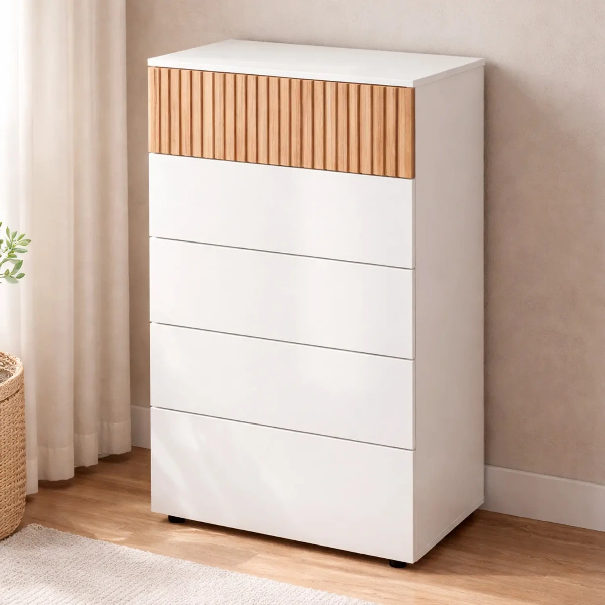 Comò Settimino 5 Cassetti Settimanale Alto Salvaspazio Mobile Mobiletto Cassettiera Design Per Camera da Letto Ingresso Corridoio Moderno Scandinavo 109 x 61 x 40 Cm-Bianco e Rovere Listato