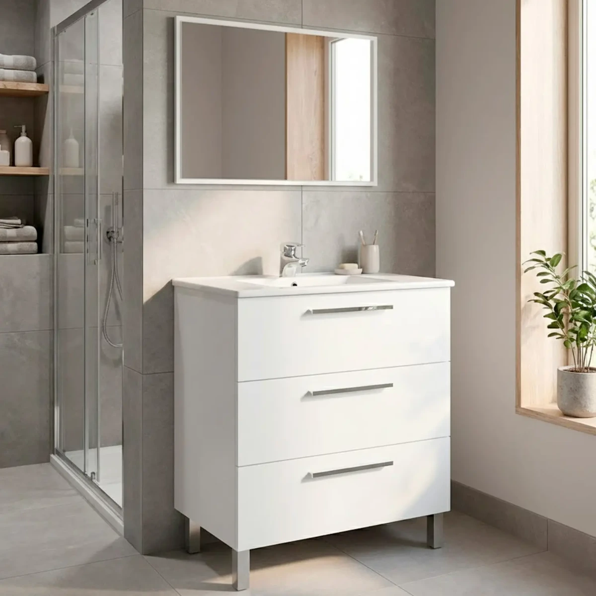 Mobile Bagno A Terra Con 3 Cassetti Lavabo In Ceramica E Specchio 77 x 50 Cm Inclusi Design Moderno Salvaspazio Elegante E Funzionale 80 x 45 x 86 Cm-Bianco-80 x 45 x 86 cm
