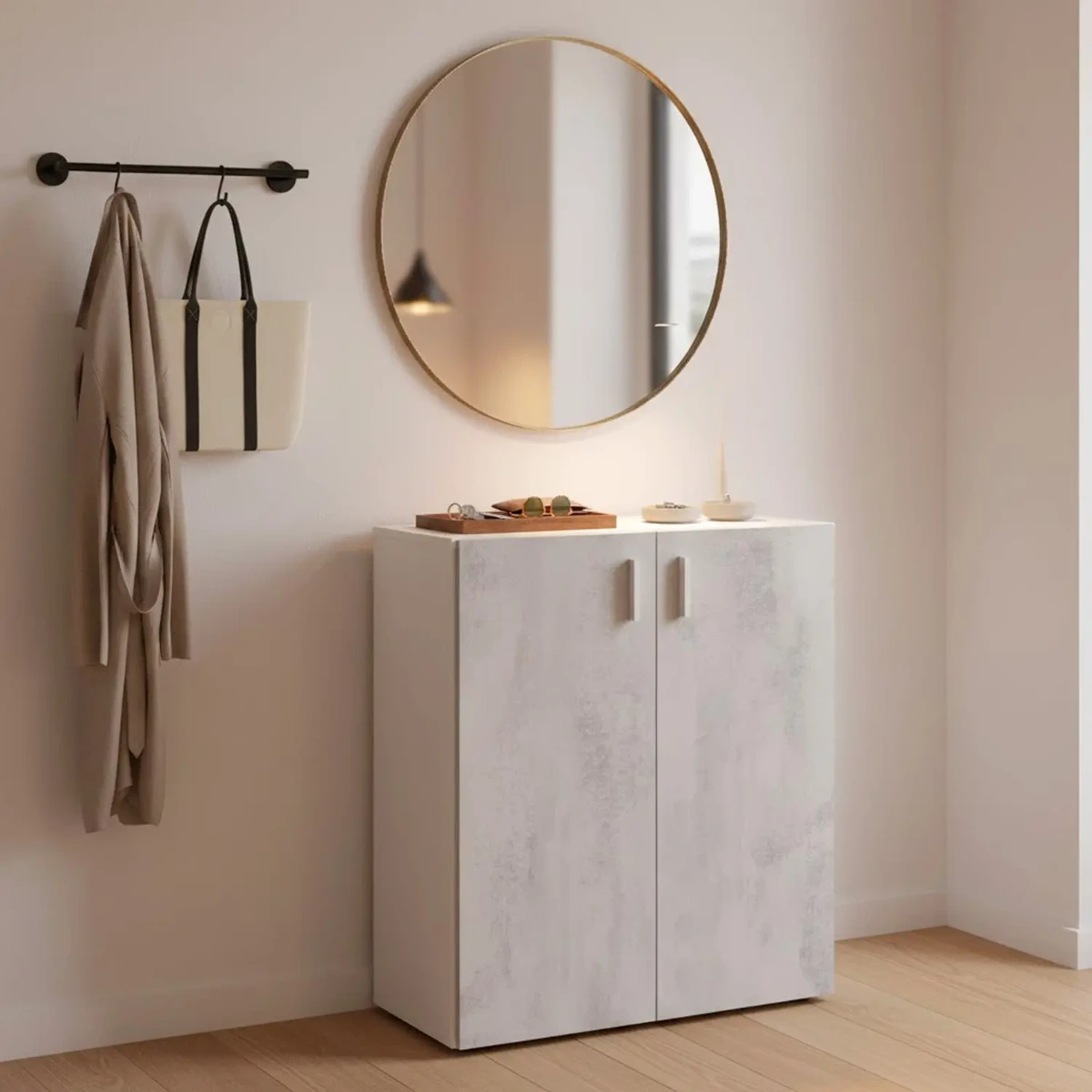 Armadietto Multiuso Armadio Basso A 2 Ante Mobile Salvaspazio Con Ripiani Regolabili Per Bagno Lavanderia Ripostiglio Garage o Ufficio Design Moderno 80 x 37 x 92 Cm-Bianco e grigio cemento