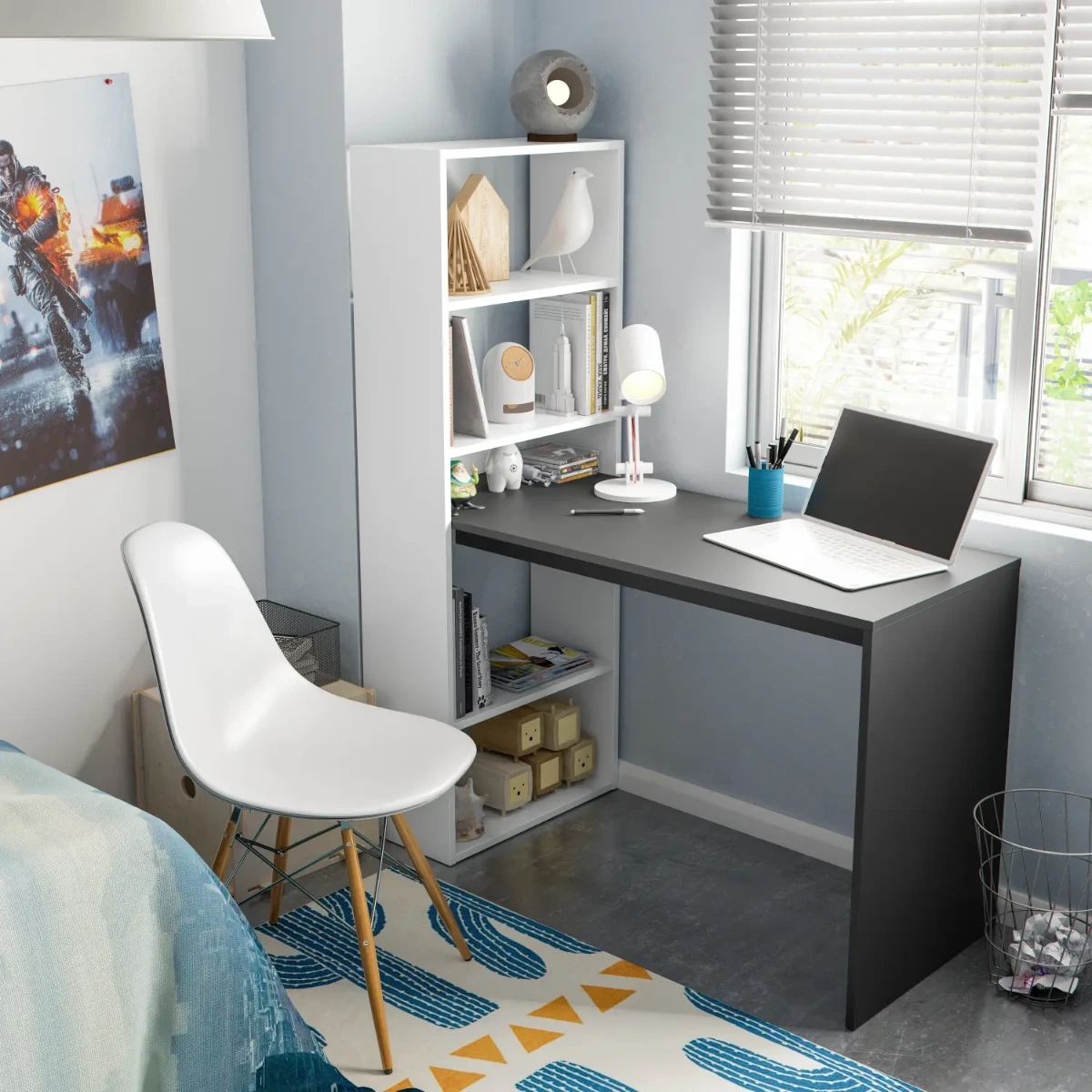 Scrivania Con Libreria Reversibile Kirkensen Scrittoio Scaffali Laterali Mobile Desk da Ufficio Soggiorno Sala Da Pranzo 120 x 144 x 53 cm-Bianco grigio