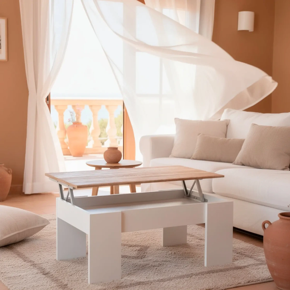 Tavolino da Salotto Alzabile Con Vano Contenitore Tavolo Multifunzione Salvaspazio Per Soggiorno E Divano Piano Sollevabile Per Lavorare e Mangiare 100 x 50 x 54–56 cm-Bianco e rovere