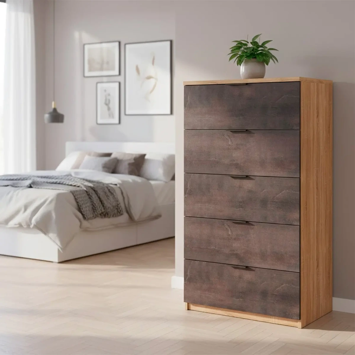 Comò Alto 5 Cassetti Sinfonier Stile Industriale Comodino Mobile Contenitore Salvaspazio Moderno Camera Da Letto Ingresso Stanza Arredo Burgos  -Rovere e Ossido-110 x 60 x 40 Cm