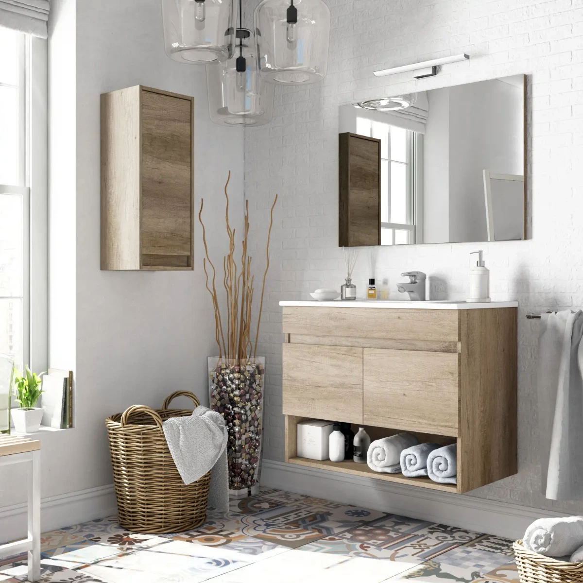 Mobiletto Bagno Sospeso Mobile Legno Con 2 Ante Ripiani e Vani Aperti Lavabo In Ceramica Con Specchio E Led Design Moderno Nordico La Brea 80 x 45 x 64 Cm-Rovere-80 x 45 x 64 Cm