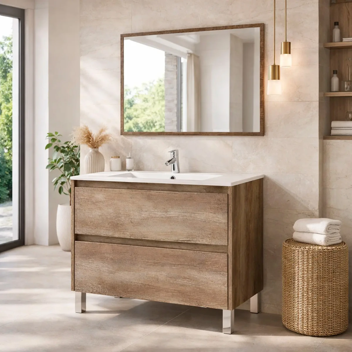 Mobile Bagno A Terra Con Lavabo In Ceramica E Specchio Coordinato Mobiletto Con Lavandino E 2 Cassettoni Ammortizzati Design Minimal-Quercia-80 x 45 x 80 cm
