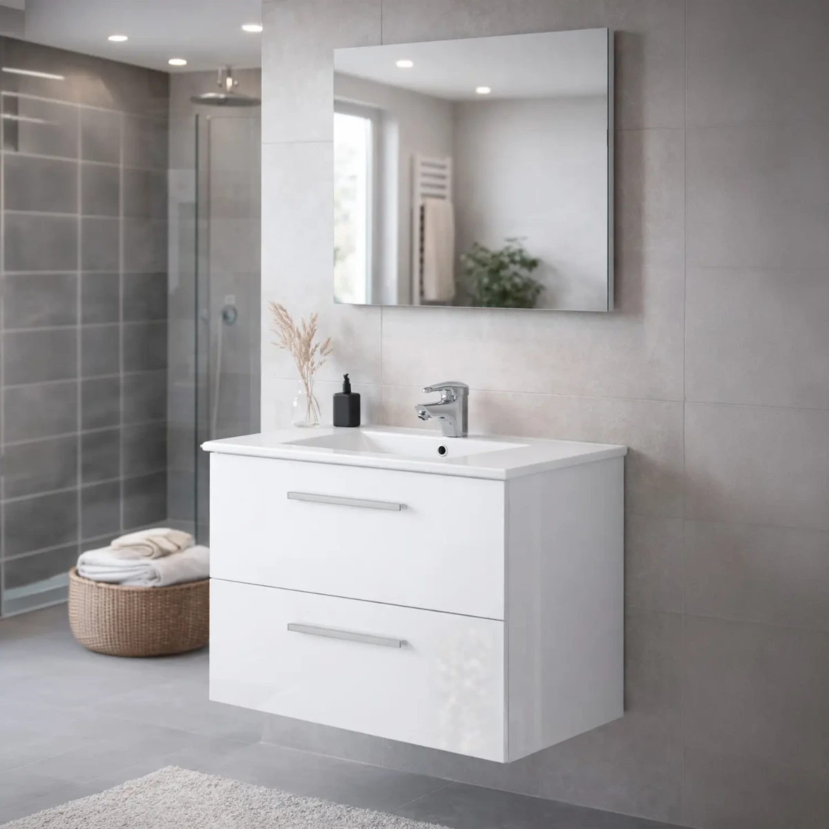 Mobile Mobiletto Bagno Sospeso Con 2 Cassettoni Soft Close E Lavabo in Ceramica Monoforo Con Troppopieno E Specchio Design Moderno Minimal-Bianco-80 x 45 x 57 cm