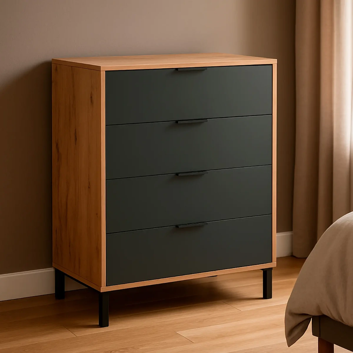 Cassettiera A 4 Cassetti Salvaspazio Per Camera Da Letto Cabina Armadio Corridoio Mobile Contenitore Moderno Design Elegante Minimal-Rovere e Nero-94 x 77.5 x 40 Cm