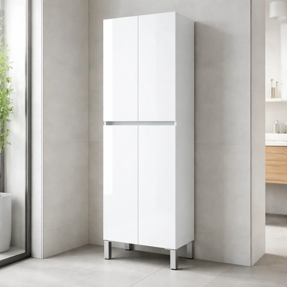 Colonna Bagno 4 Ante Con Ripiani Regolabili Mobile Alto Salvaspazio Design Moderno Elegante Ideale Per Bagno Lavanderia Ripostiglio-Bianco-182 x 60 x 35 Cm