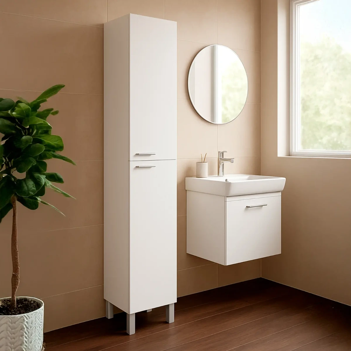 Colonna Armadio Da Bagno Con Doppia Anta E 4 Ripiani Mobile Alto Salvaspazio Armadietto In Melaminico Chiusura Ammortizzata Lavanderia-Bianco lucido-30 x 25 x 182 Cm
