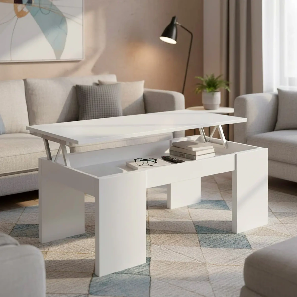 Tavolino Da Caffè Sollevabile Tavolo Da Salotto Rialzabile Salvaspazio Per Mangiare O Lavorare Dal Divano Con Piano Rialzabile Salvaspazio Design Moderno-Bianco-102 x 50 x 43 Cm