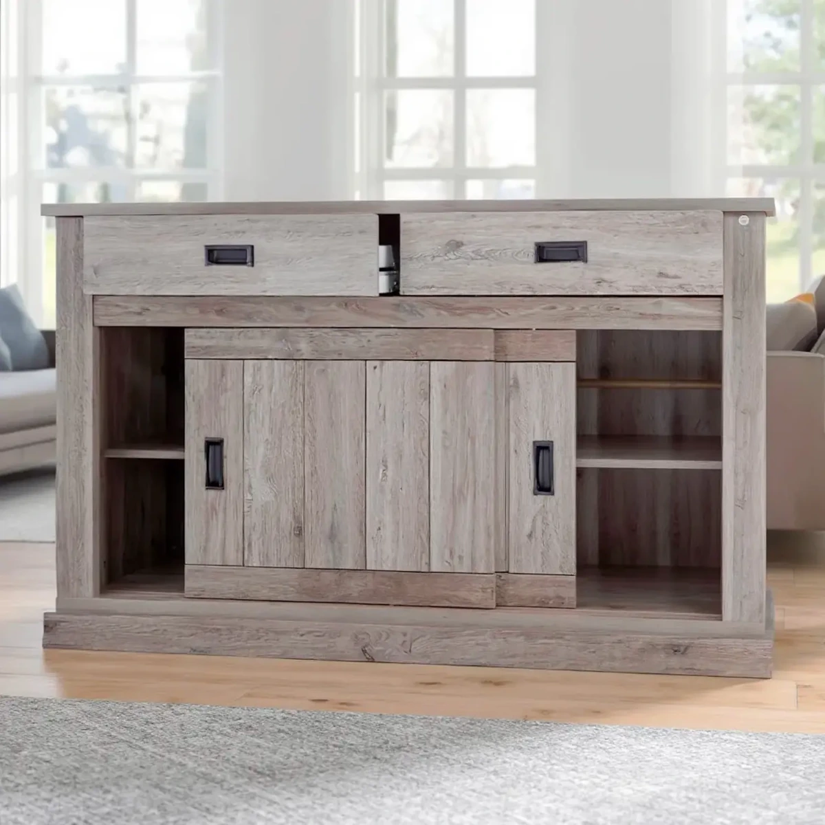 Madia Credenza Mobile Soggiorno Con 2 Cassetti E 2 Ante Scorrevoli 4 Ripiani Interni Design Minimal Shabby Chic Sala Da Pranzo Zona Living 150 x 50 x 95.5 Cm-Rovere alaska-150 x 50 x 95.5 Cm